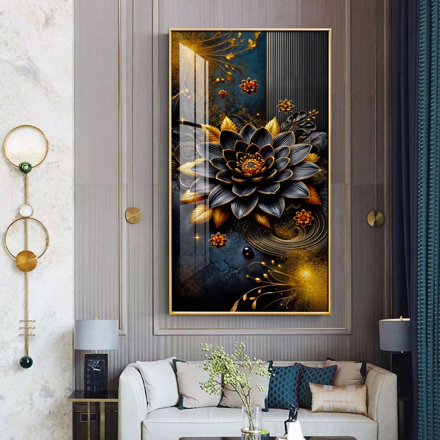 Surreal Black Flower Glass Finish Vertical Wall Art