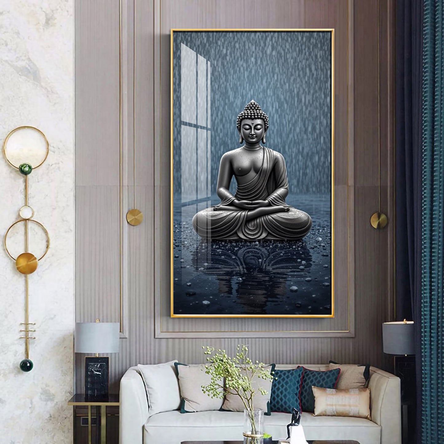 Sacred Budha Meditation Glass Finish Vertical Wall Art