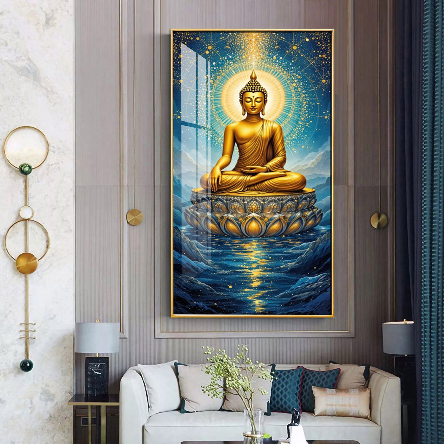 Calm Buddha In River Glass Finish Vertical Wall Art