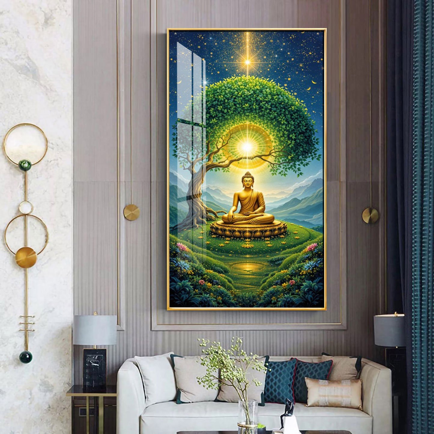Meditating Buddha In Nature Glass Finish Vertical Wall Art