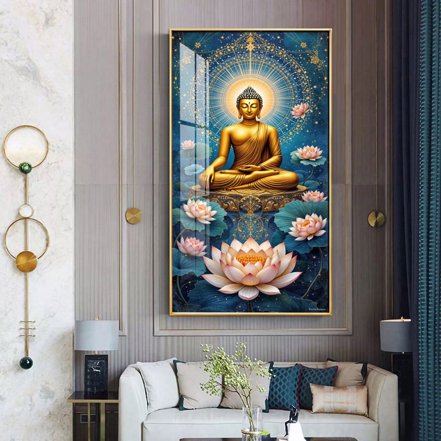 Meditating Buddha With White Lotus Glass Finish Vertical Wall Art