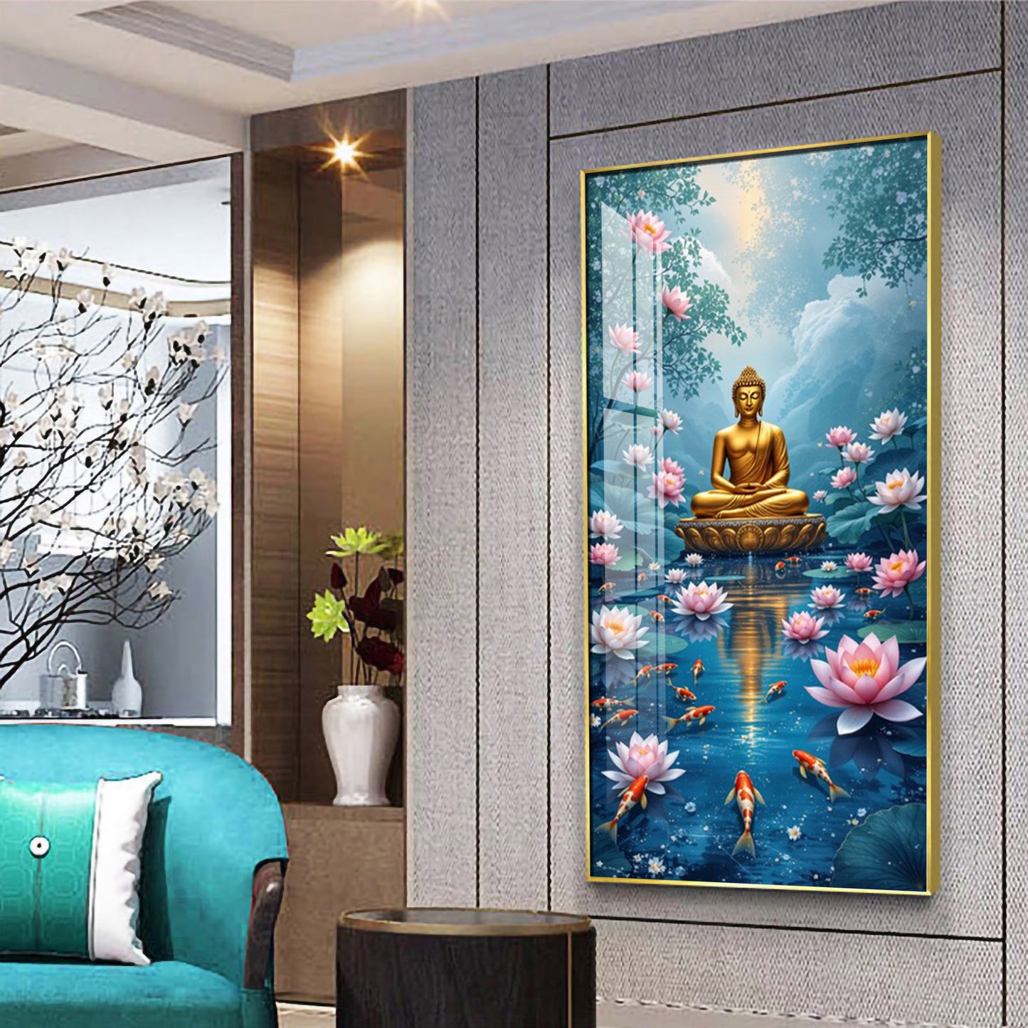 Meditating Budha With Lotus Glass Finish Vertical Wall Art