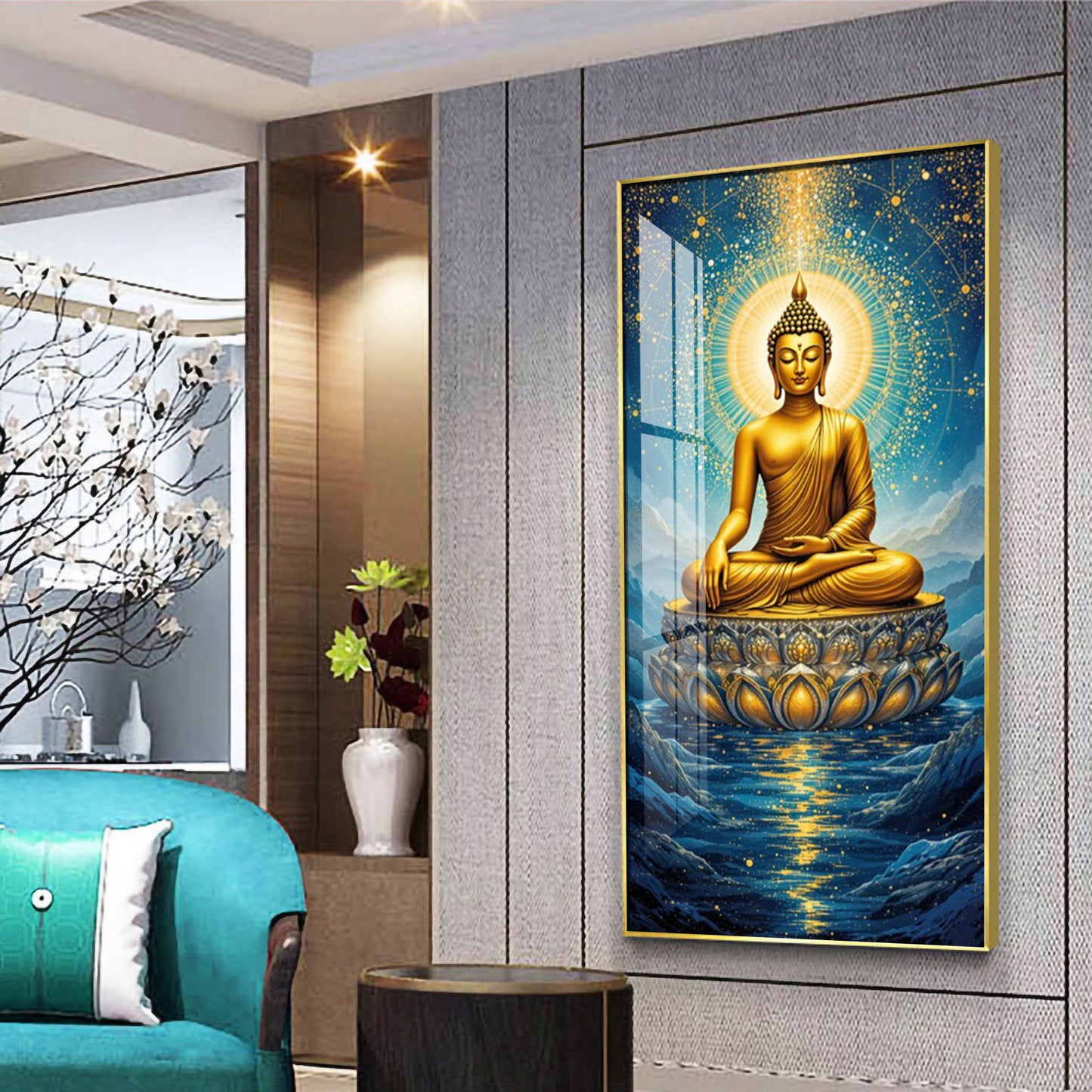Calm Buddha In River Glass Finish Vertical Wall Art
