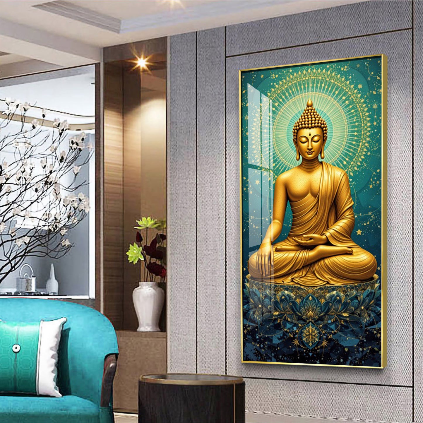Golden Buddha's Energetic Wisdom Glass Finish Vertical Wall Art