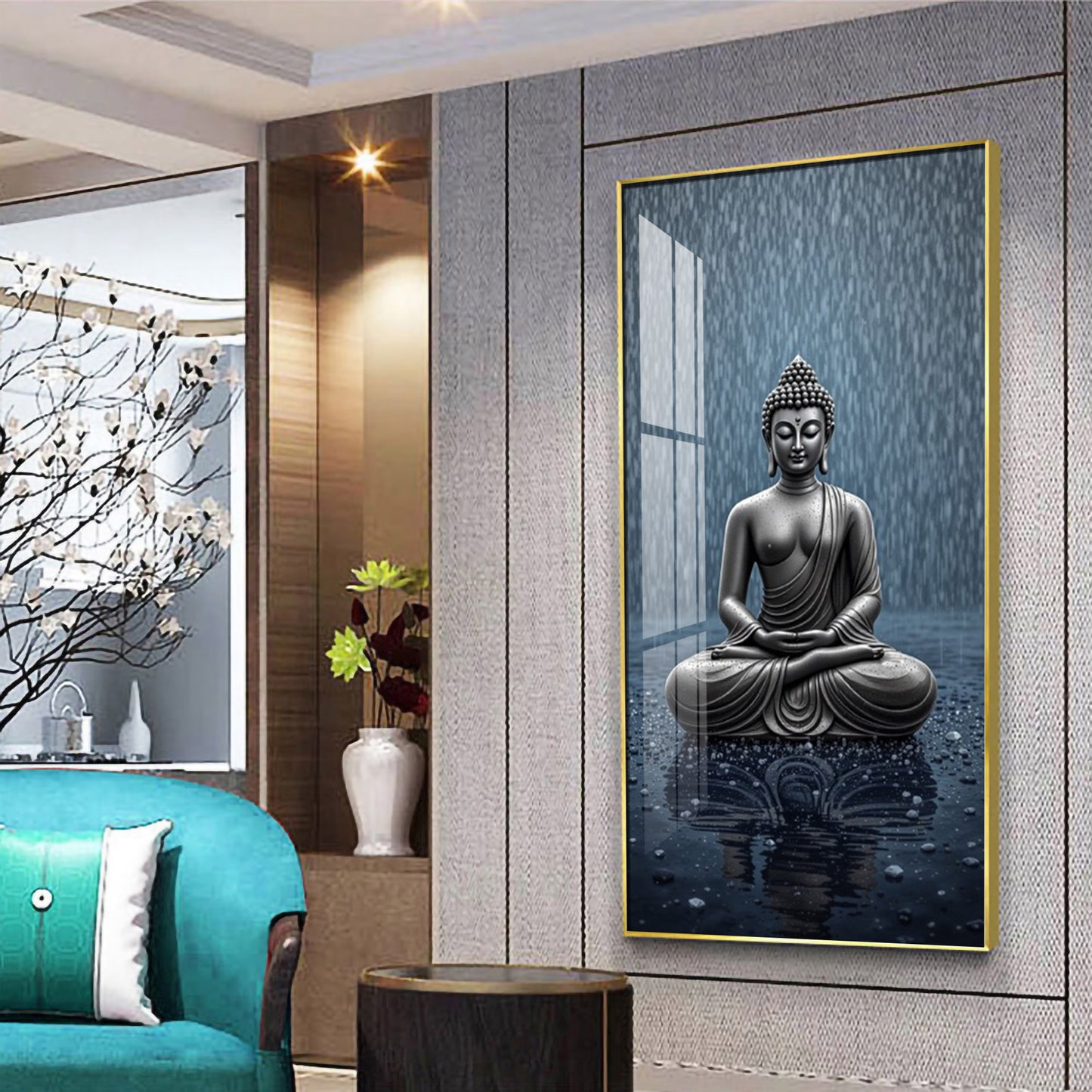 Sacred Budha Meditation Glass Finish Vertical Wall Art