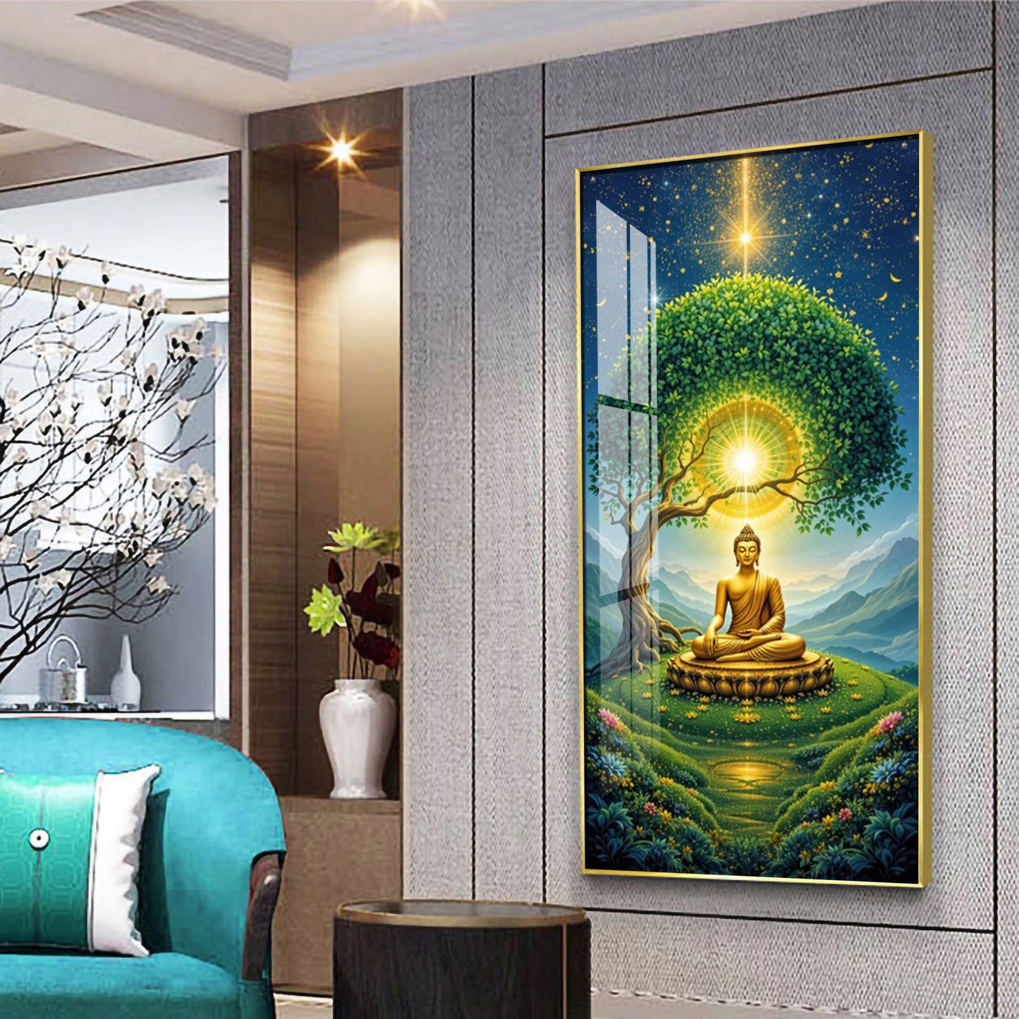 Meditating Buddha In Nature Glass Finish Vertical Wall Art