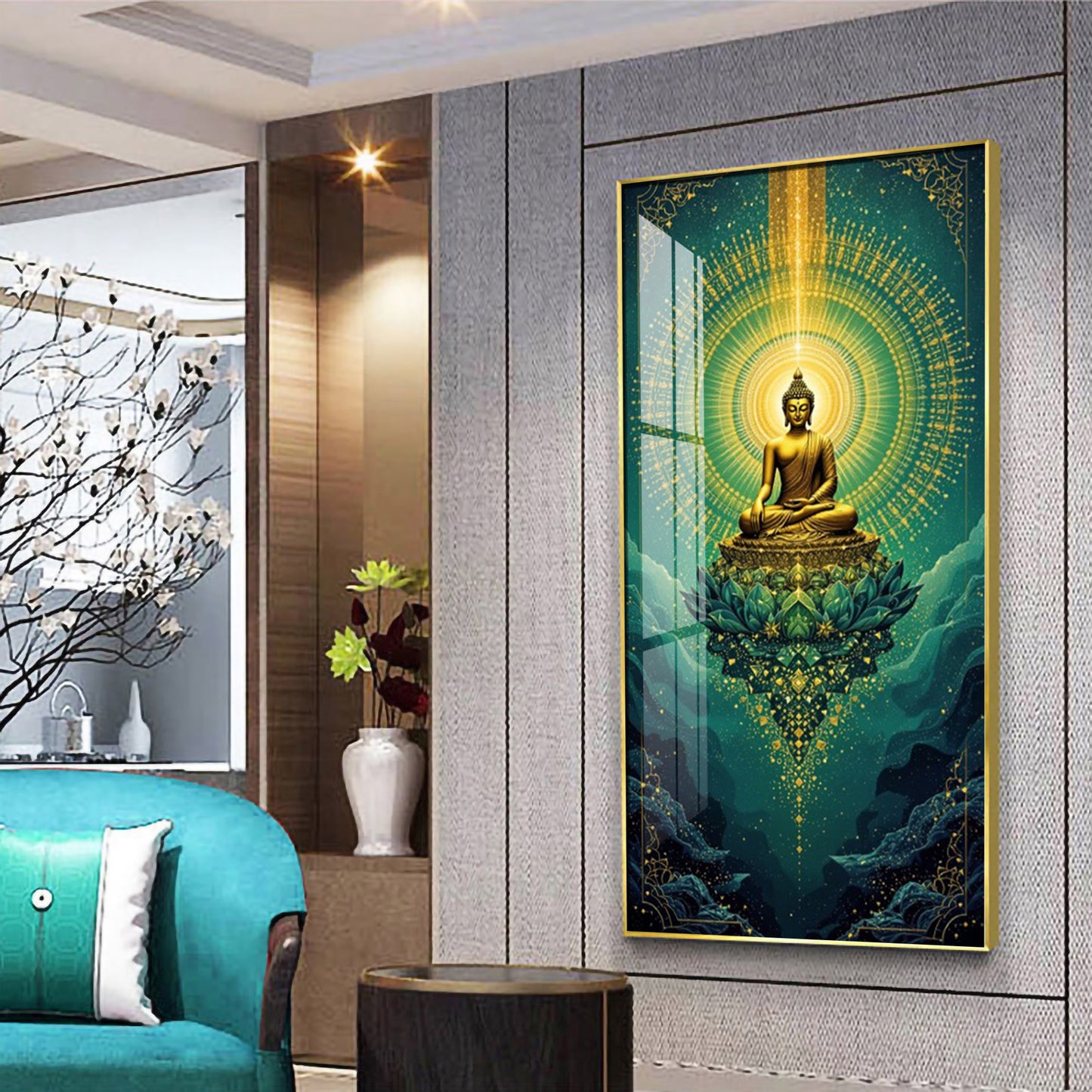 Surreal Energy Of Budha Glass Finish Vertical Wall Art