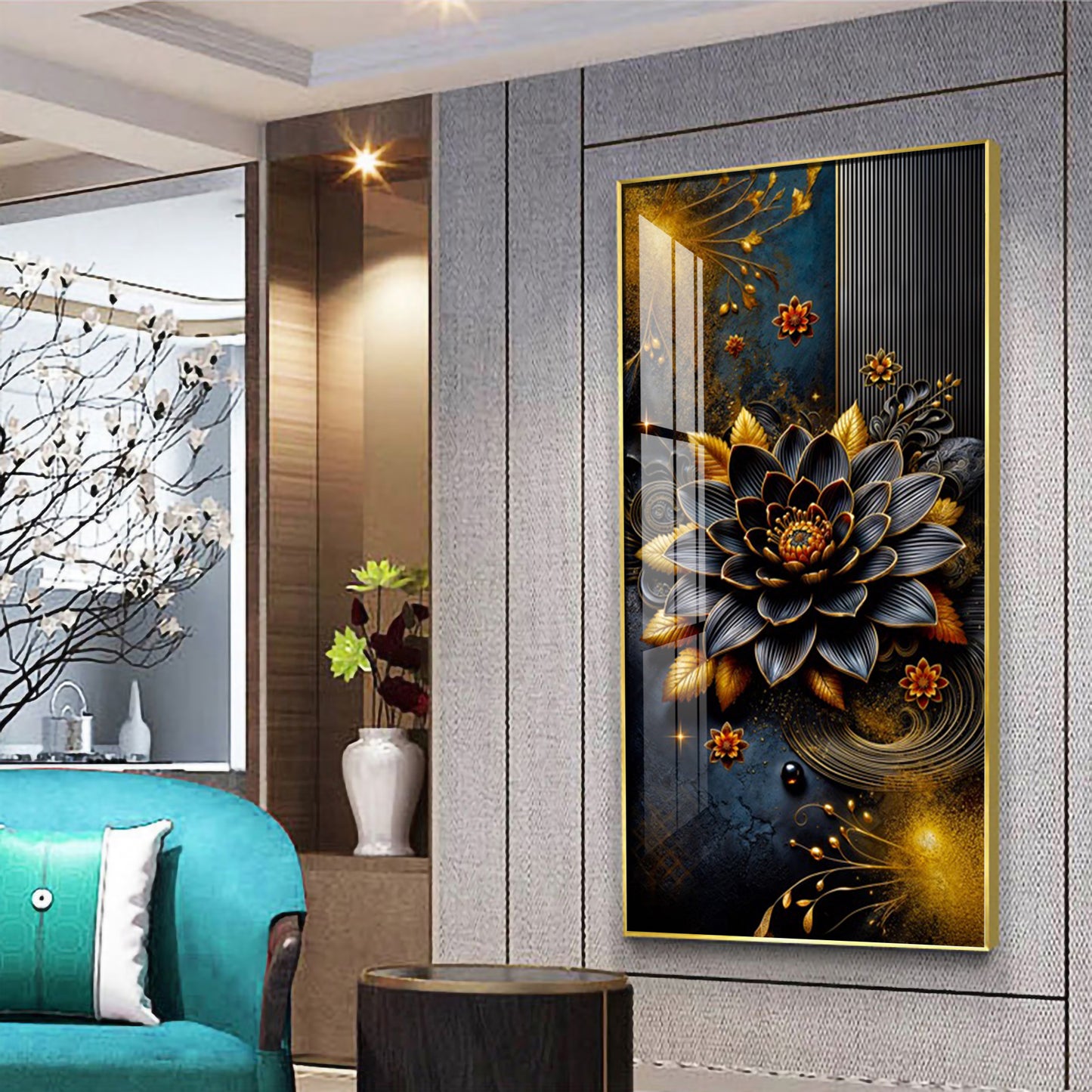 Surreal Black Flower Glass Finish Vertical Wall Art