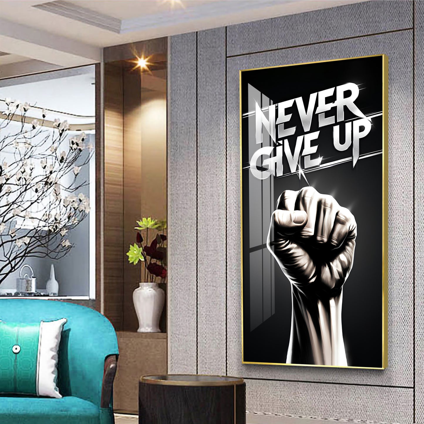 Never Give Up Motivational Quote Glass Finish Vertical Wall Art