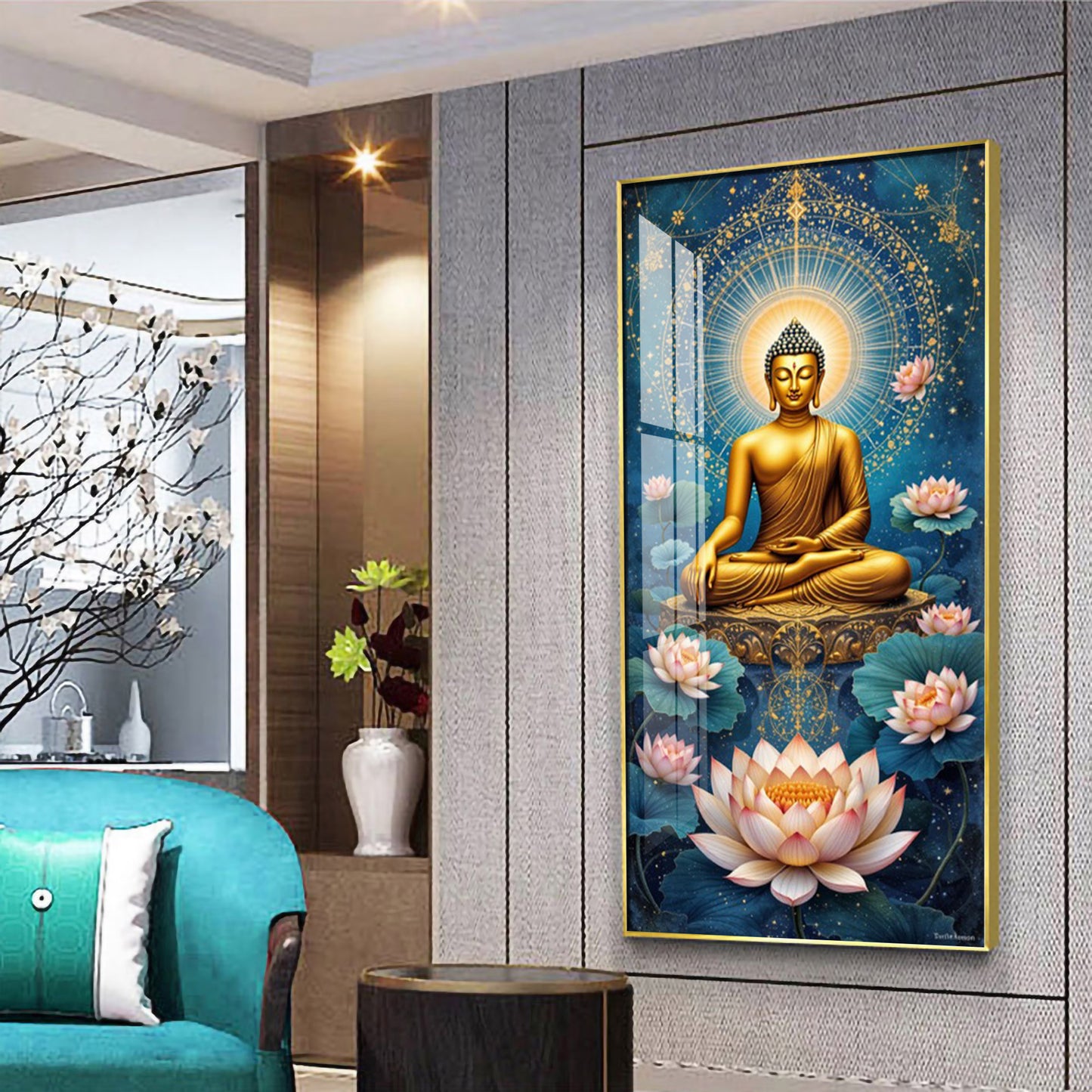 Meditating Buddha With White Lotus Glass Finish Vertical Wall Art