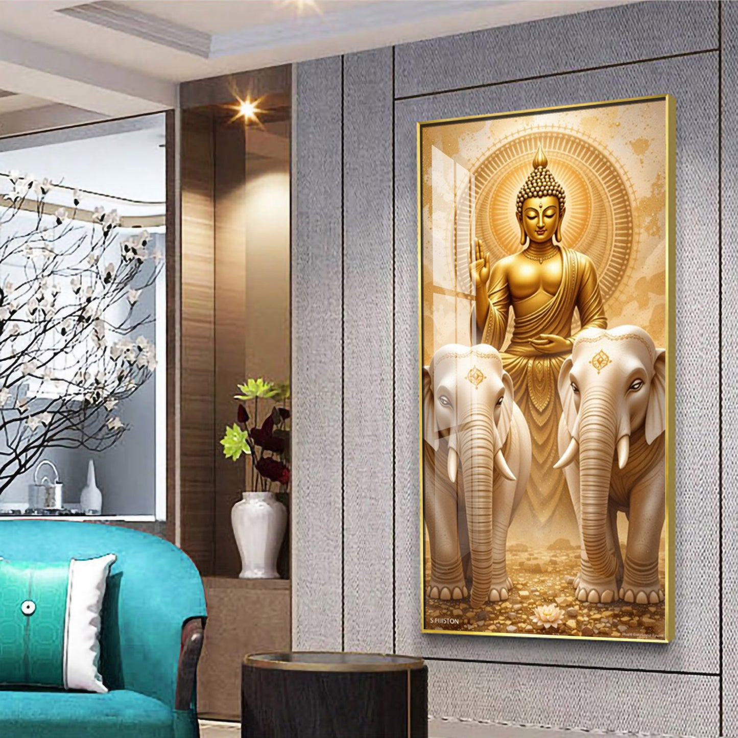 Meditating Budha With Alpha Elephant Glass Finish Vertical Wall Art