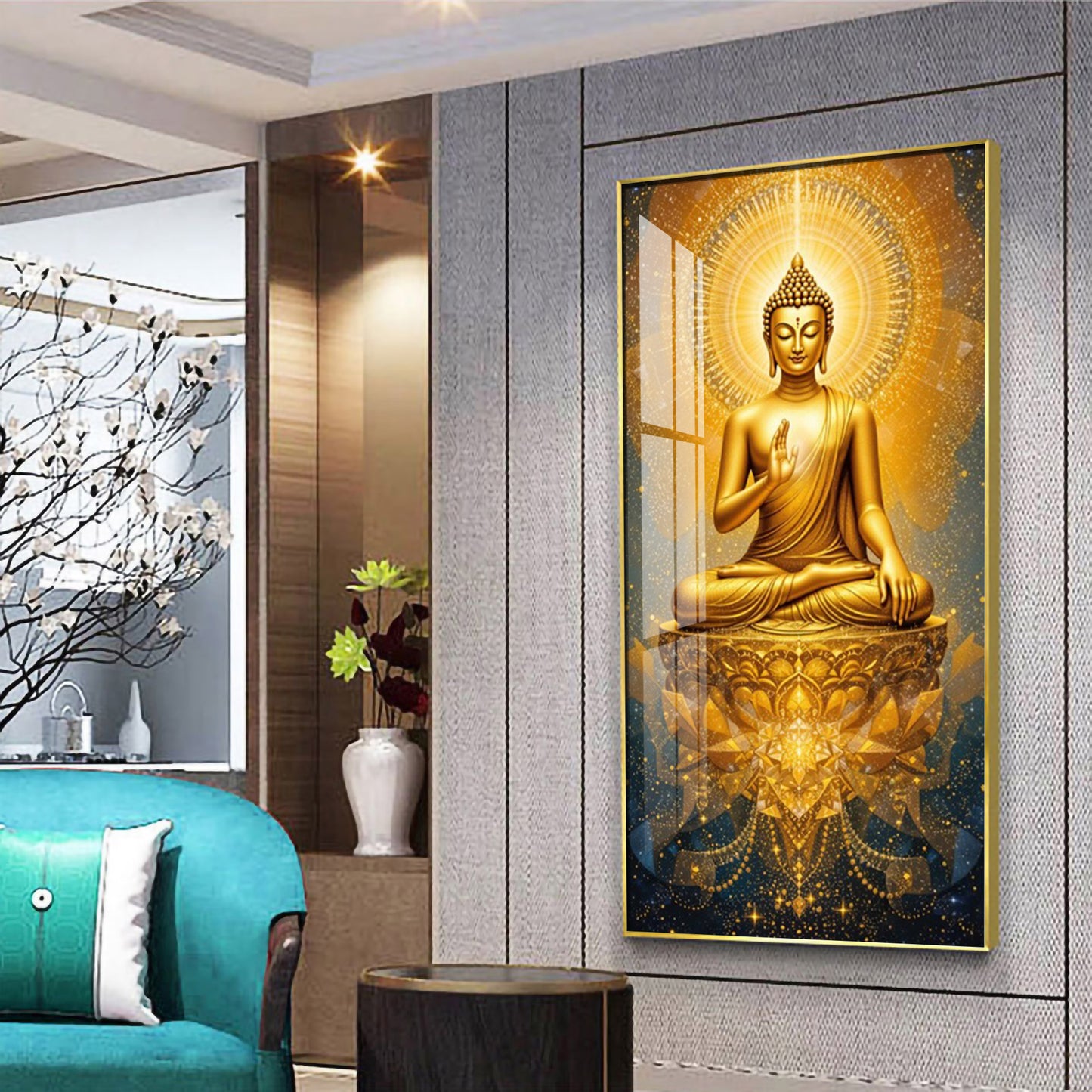 Golden Budha's Aura Glass Finish Vertical Wall Art