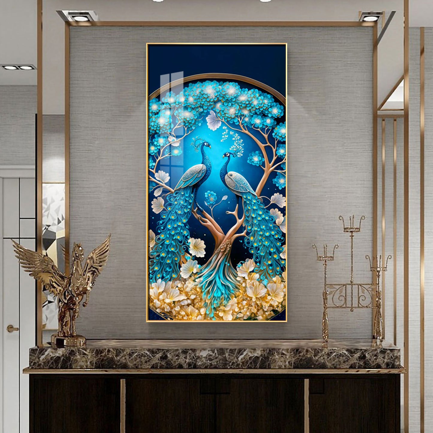 Peacock On Tree Branch Glass Finish Vertical Wall Art