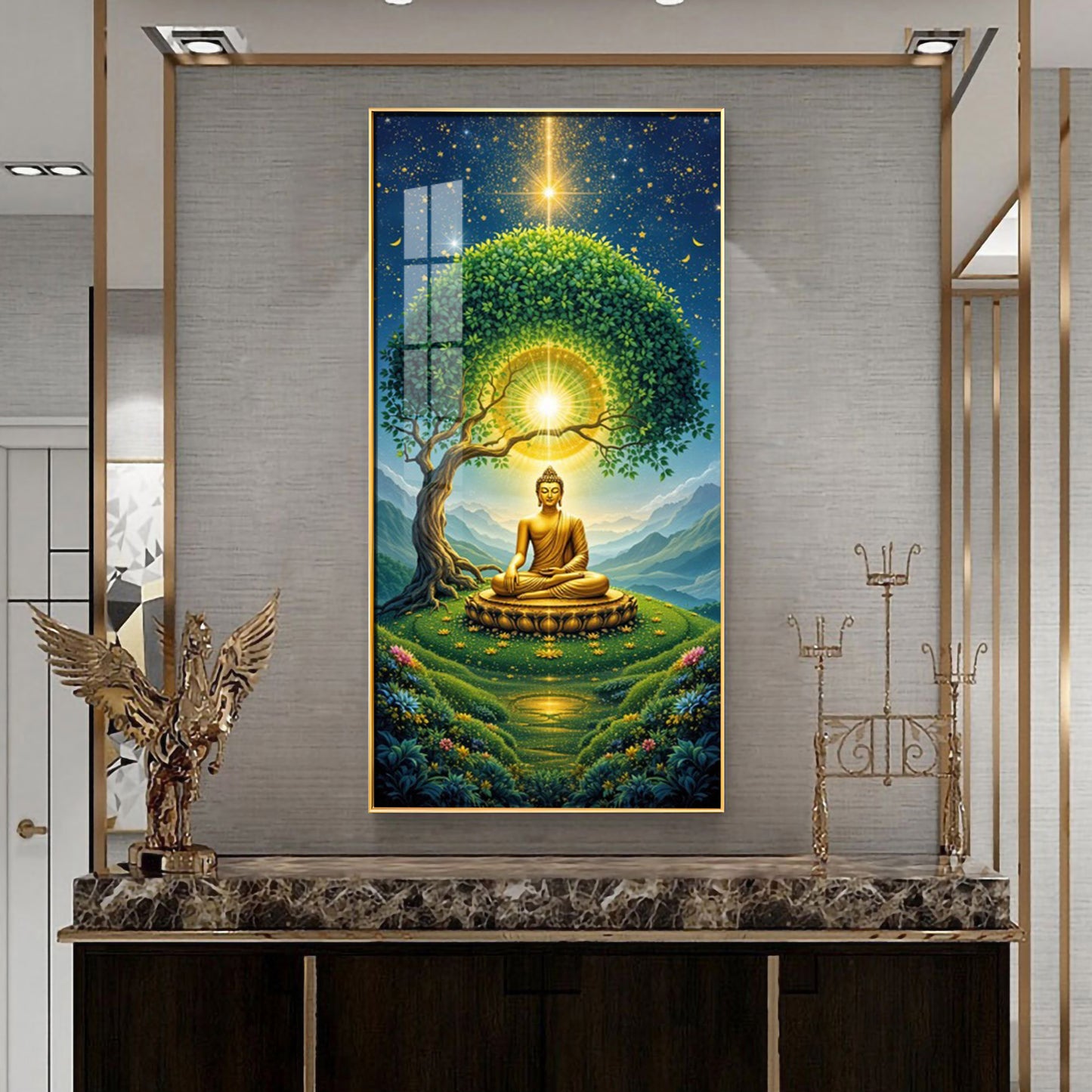 Meditating Buddha In Nature Glass Finish Vertical Wall Art