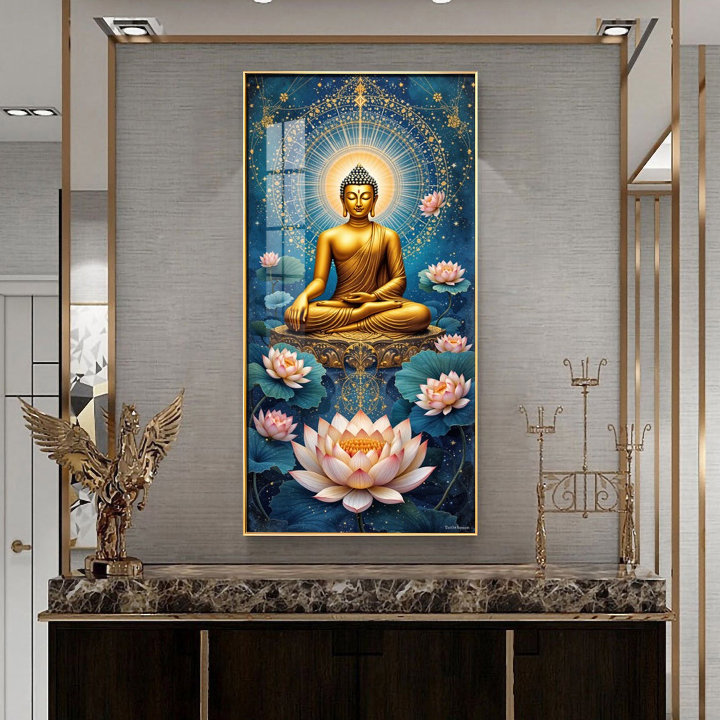 Meditating Buddha With White Lotus Glass Finish Vertical Wall Art