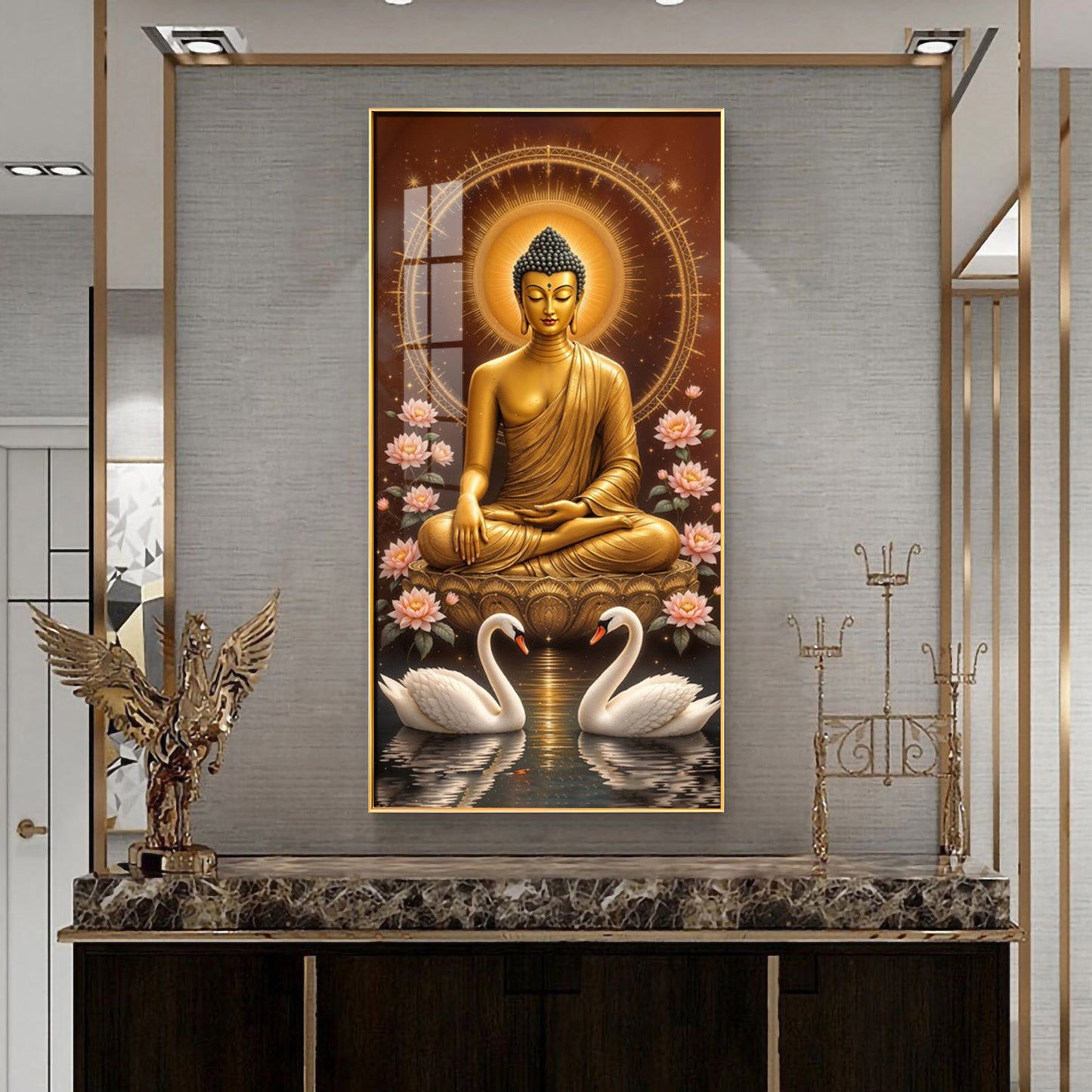 Meditating Budha With Swarn Glass Finish Vertical Wall Art