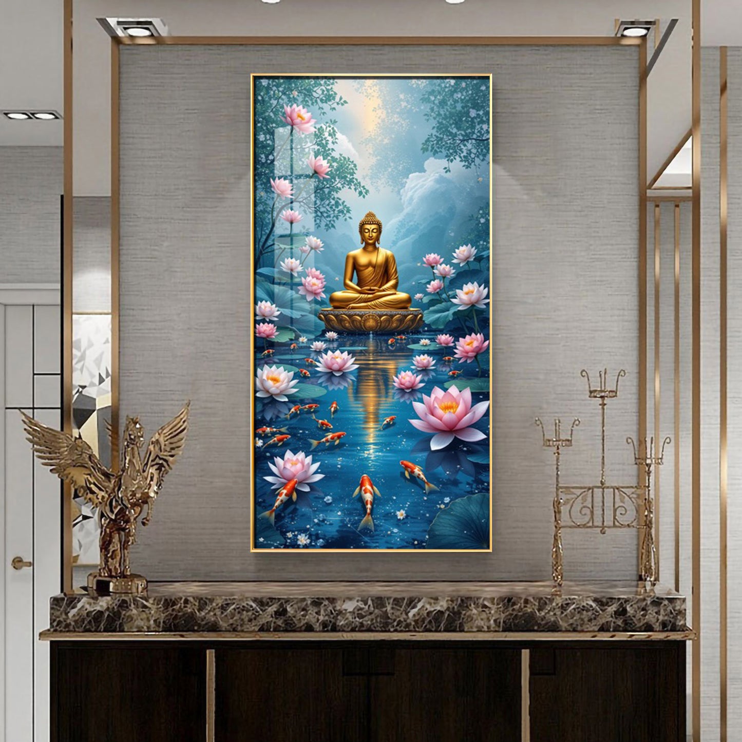 Meditating Budha With Lotus Glass Finish Vertical Wall Art