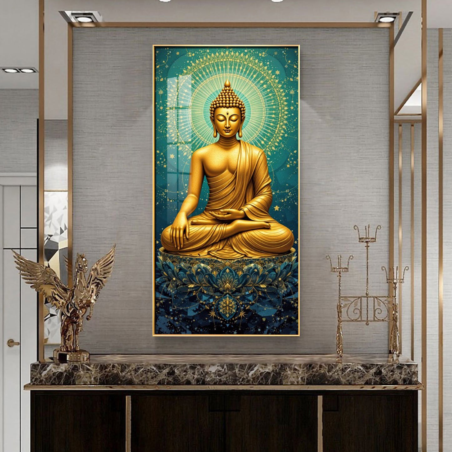 Golden Buddha's Energetic Wisdom Glass Finish Vertical Wall Art