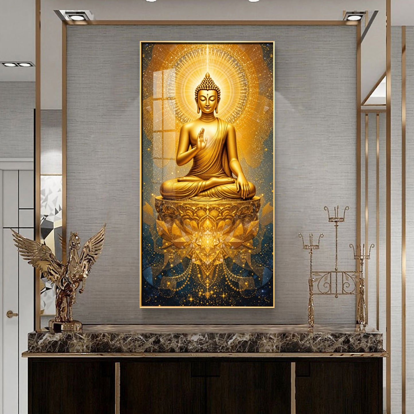 Golden Budha's Aura Glass Finish Vertical Wall Art