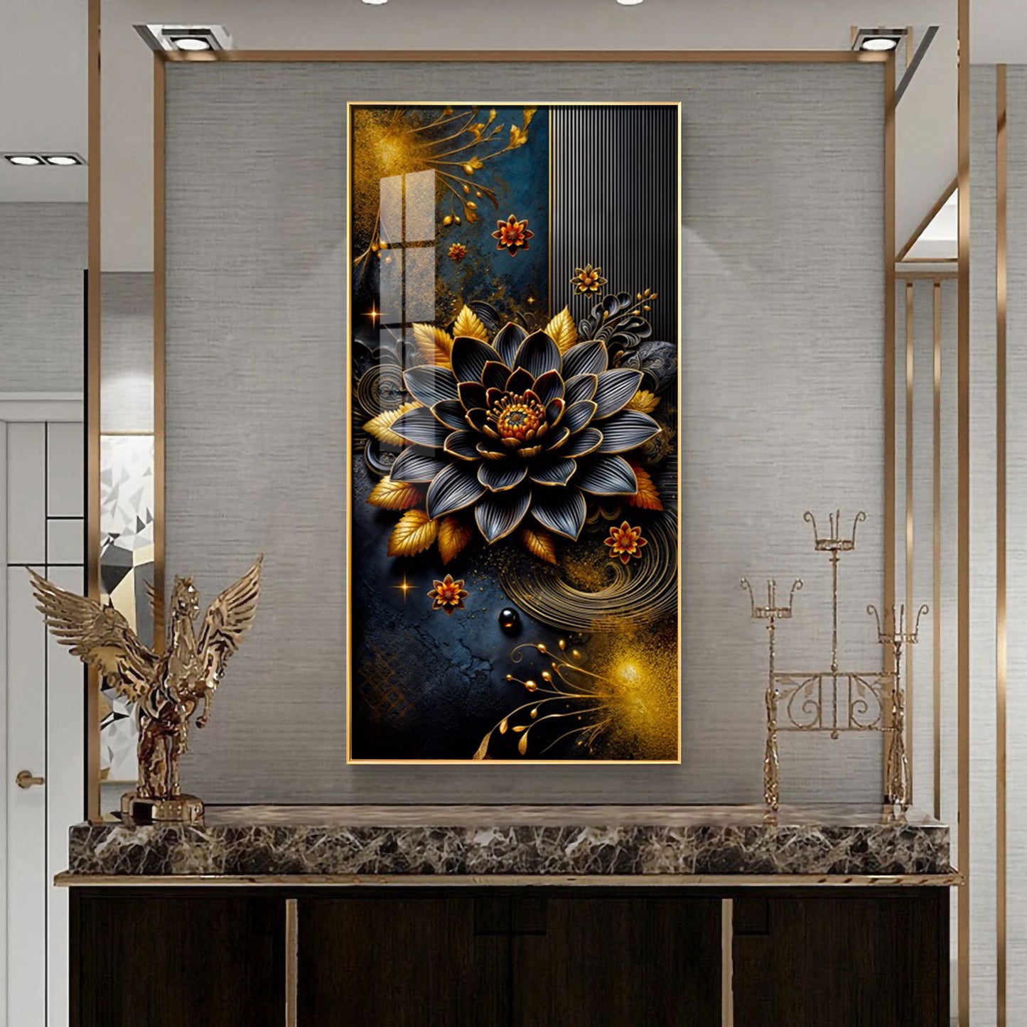 Surreal Black Flower Glass Finish Vertical Wall Art