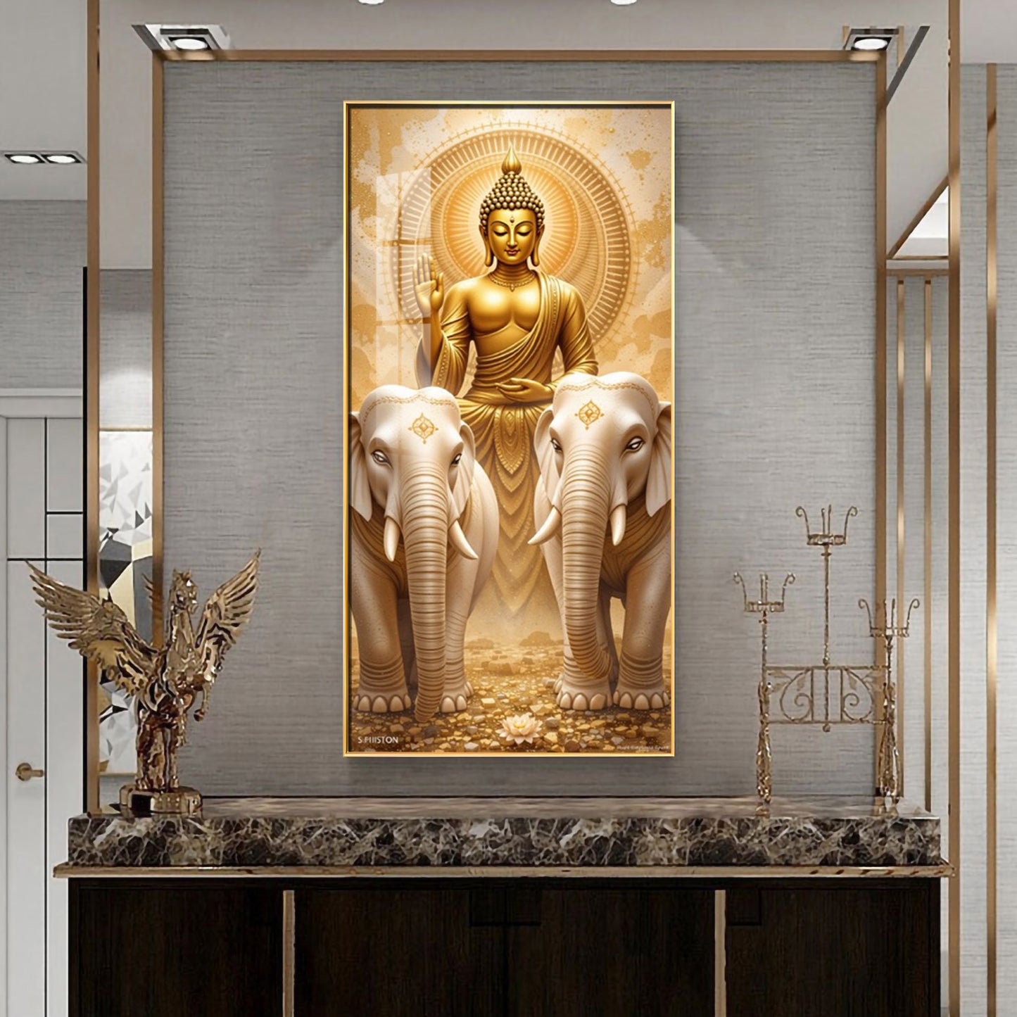 Meditating Budha With Alpha Elephant Glass Finish Vertical Wall Art