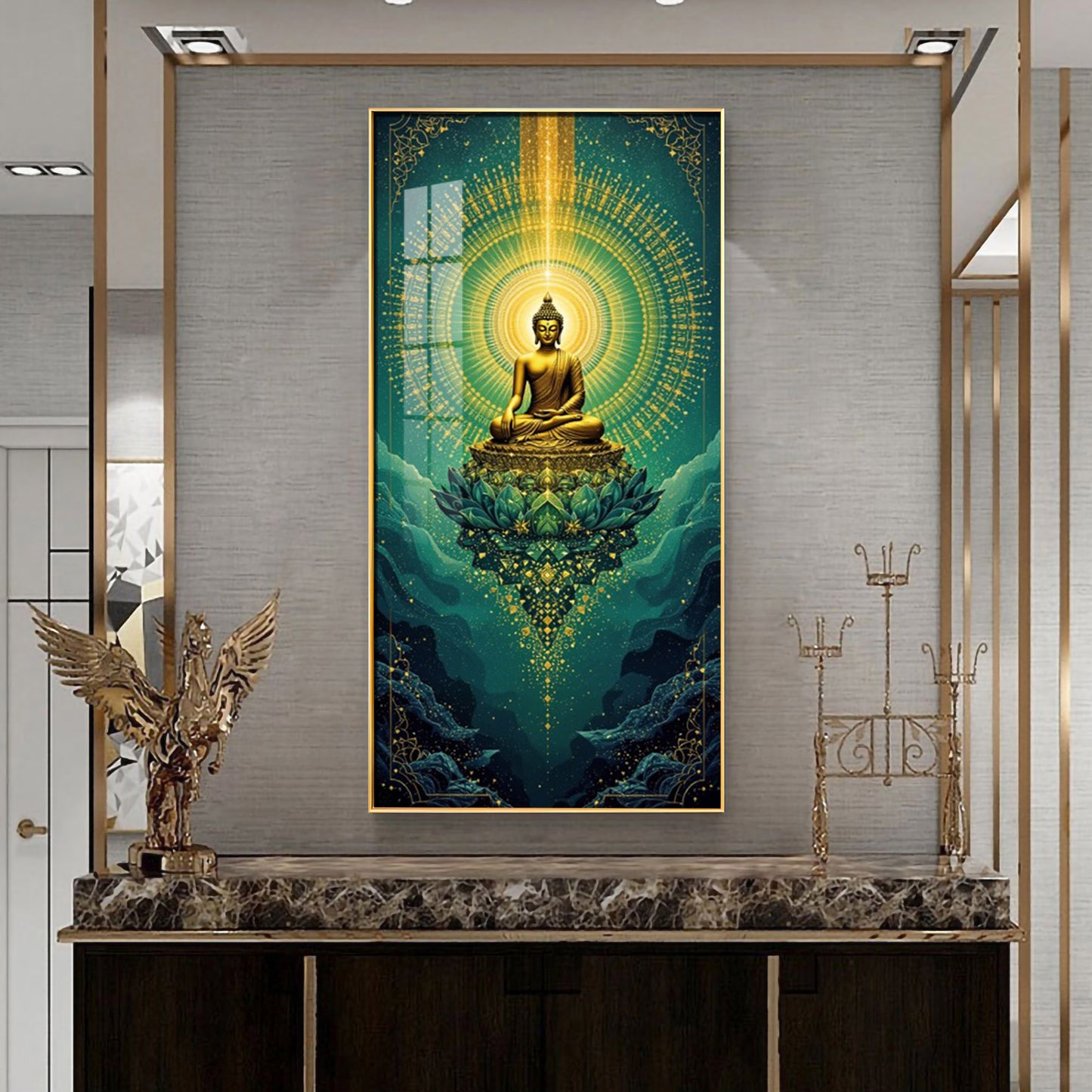 Surreal Energy Of Budha Glass Finish Vertical Wall Art