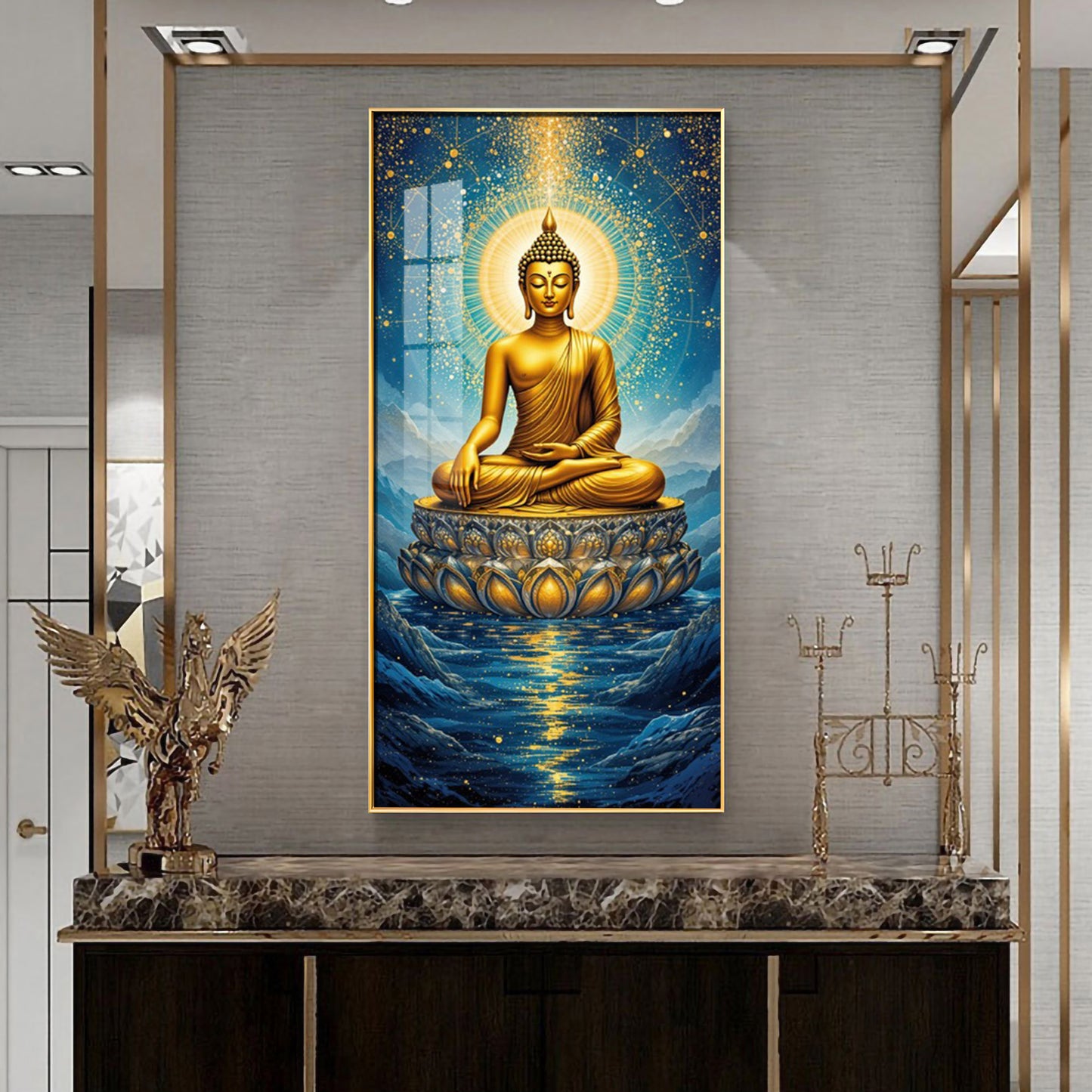 Calm Buddha In River Glass Finish Vertical Wall Art
