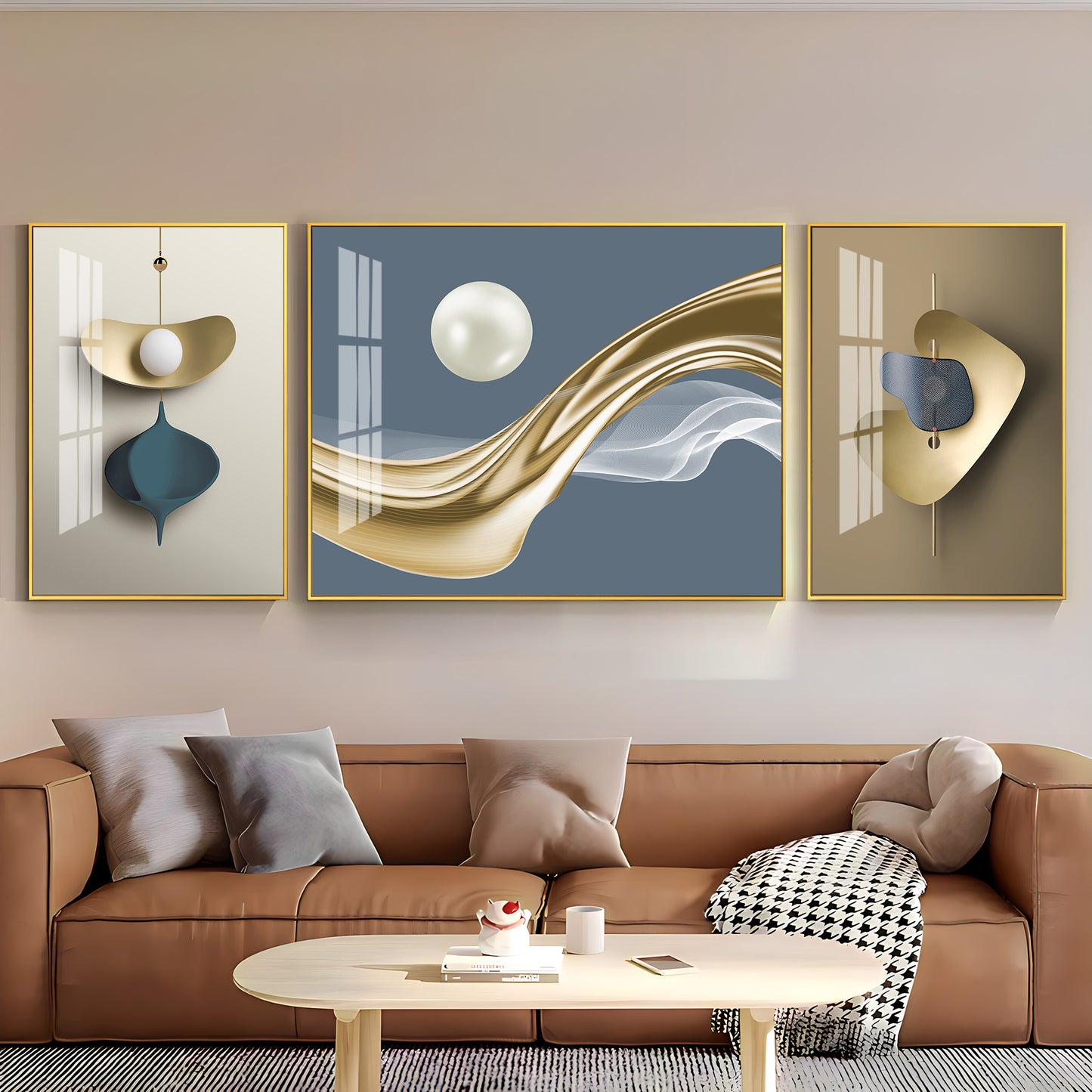 White Pearl Glass Finish Wall Art (Set Of 3)