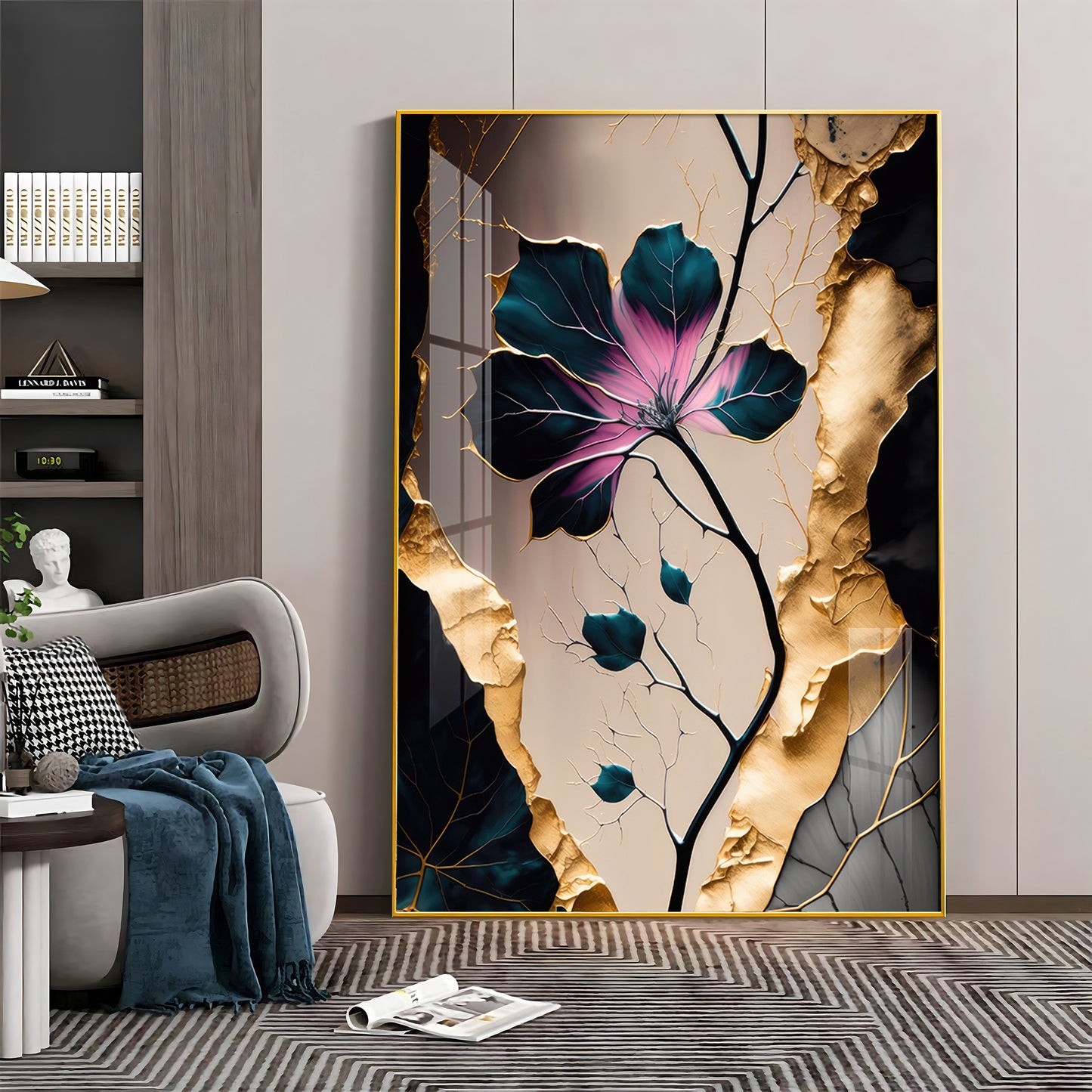 Noir Blossom Majesty Glass Finish Vertical Wall Art