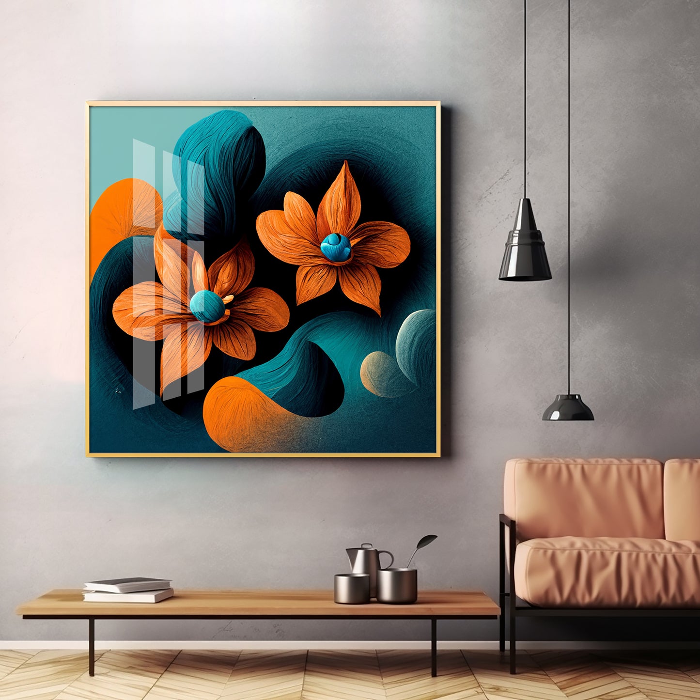 Orange and Blue Blossom Fusion Glass Finish Square Wall Art
