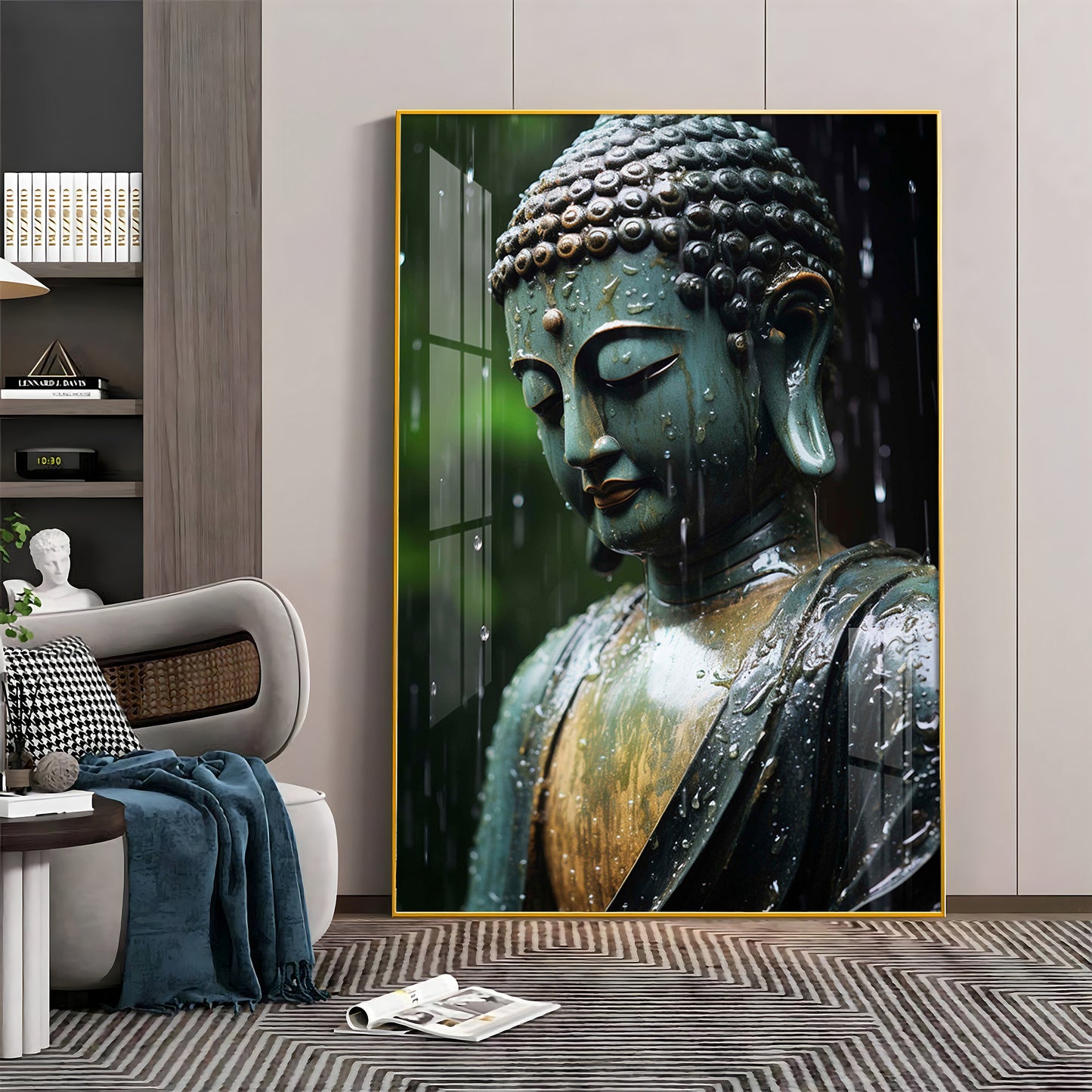 Buddha's Tranquil Embrace Glass Finish Vertical Wall Art