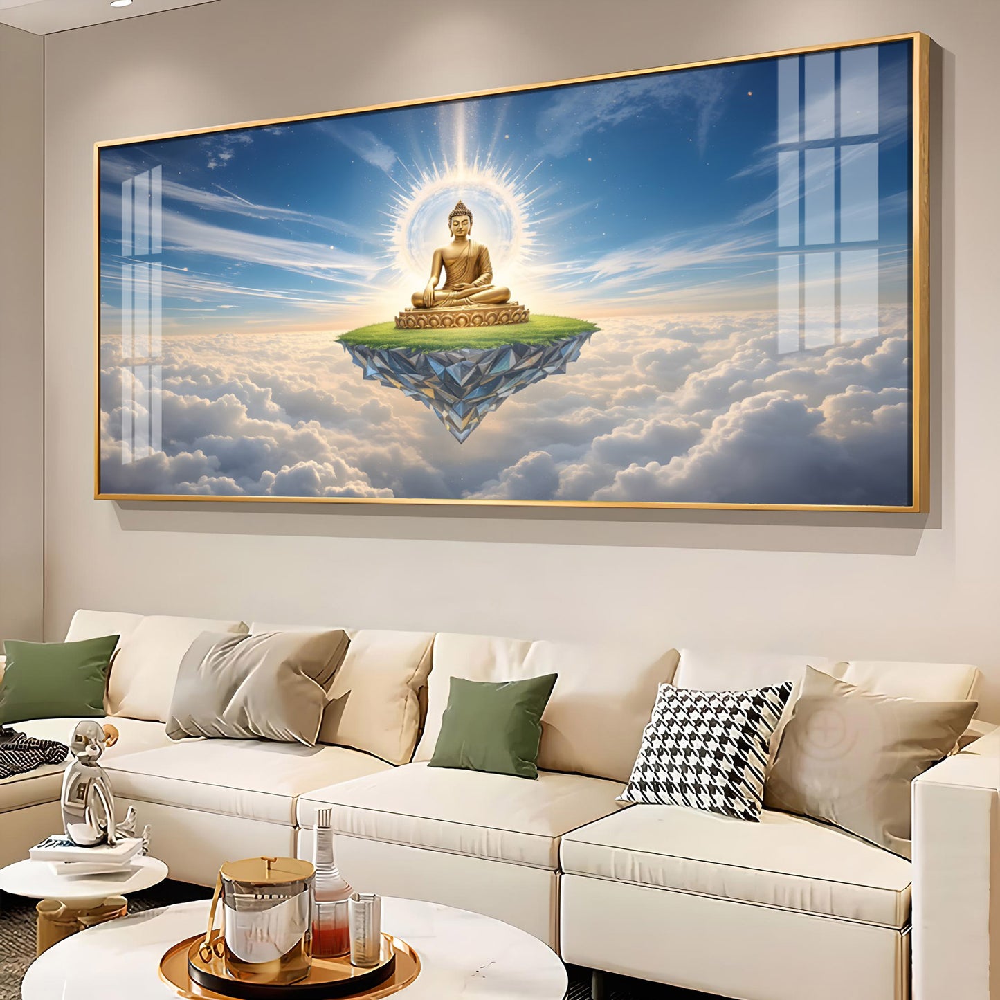 Majestic Buddha In Cloud Glass Finish Horizontal Wall Art
