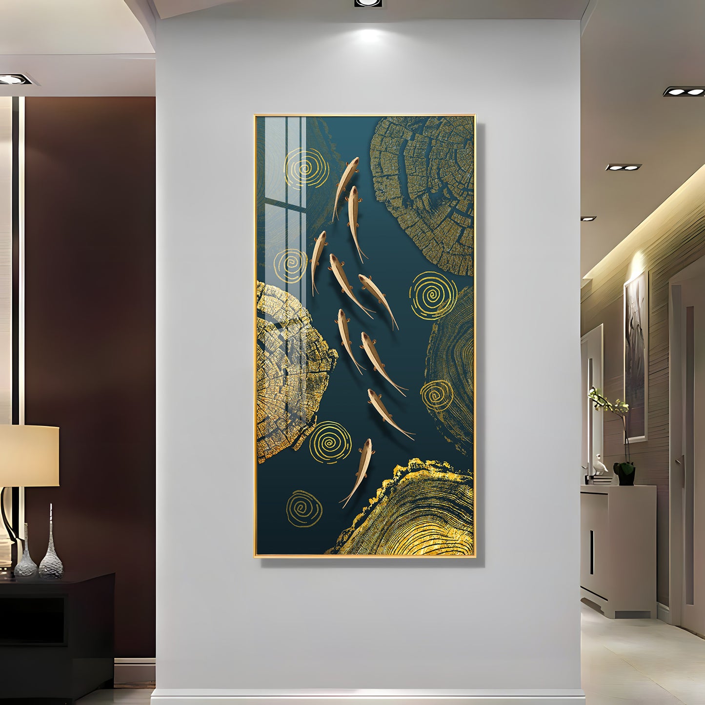 Green Koi Fishes Glass Finish Vertical Wall Art