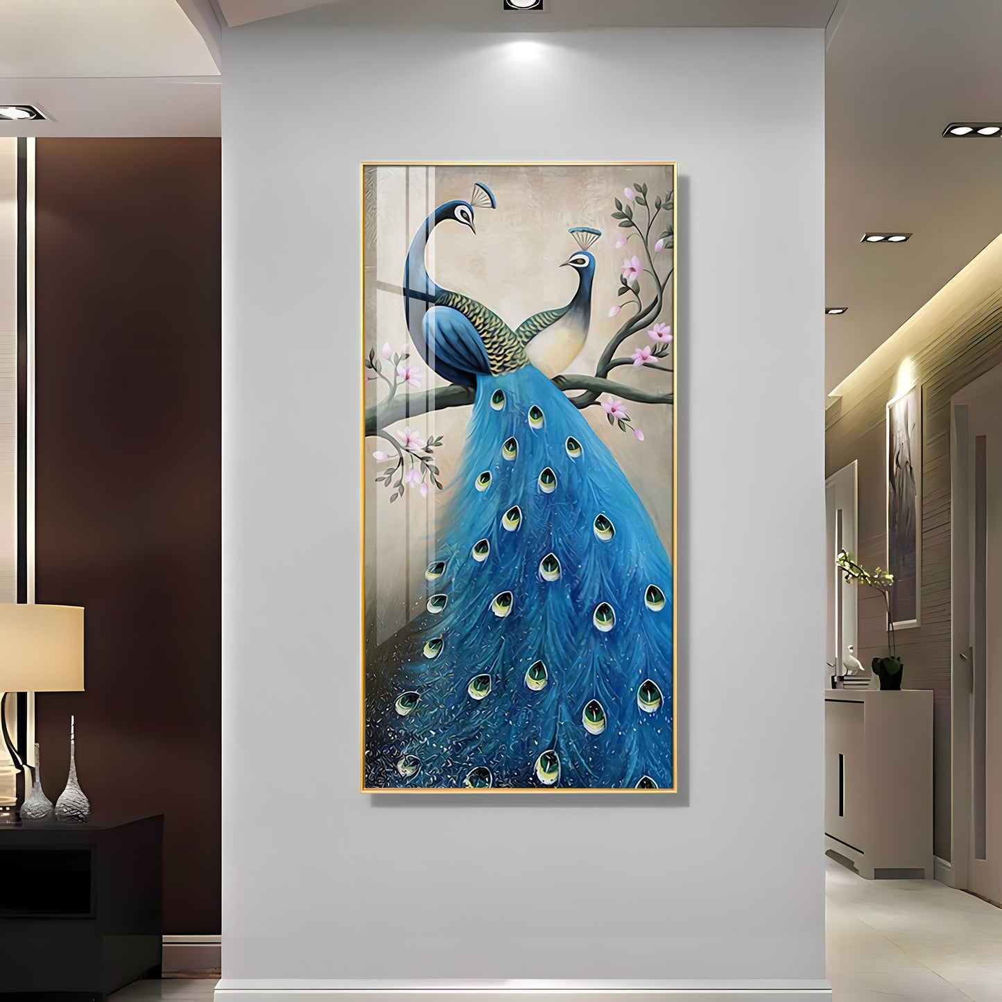 Dual Peacock Serenity Glass Finish Vertical Wall Art