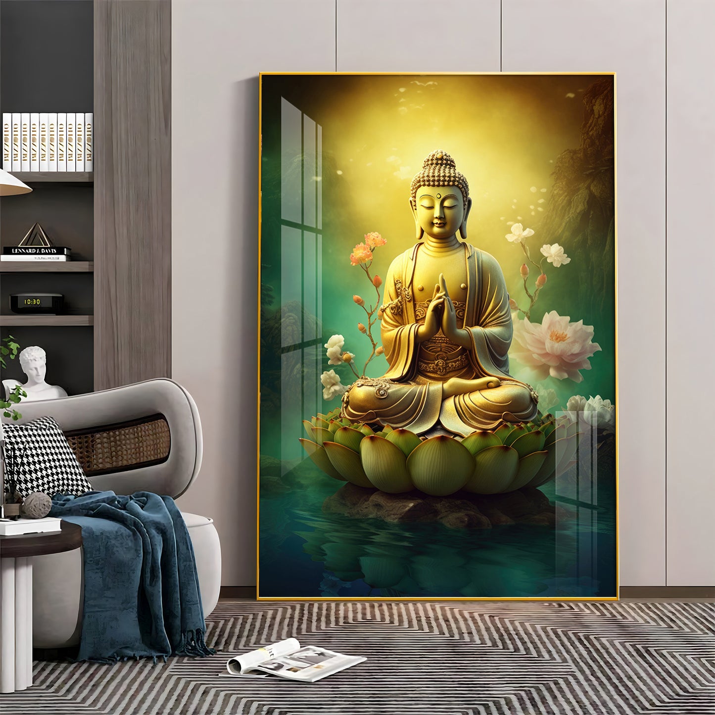 Buddha Lotus Harmony Glass Finish Vertical Wall Art