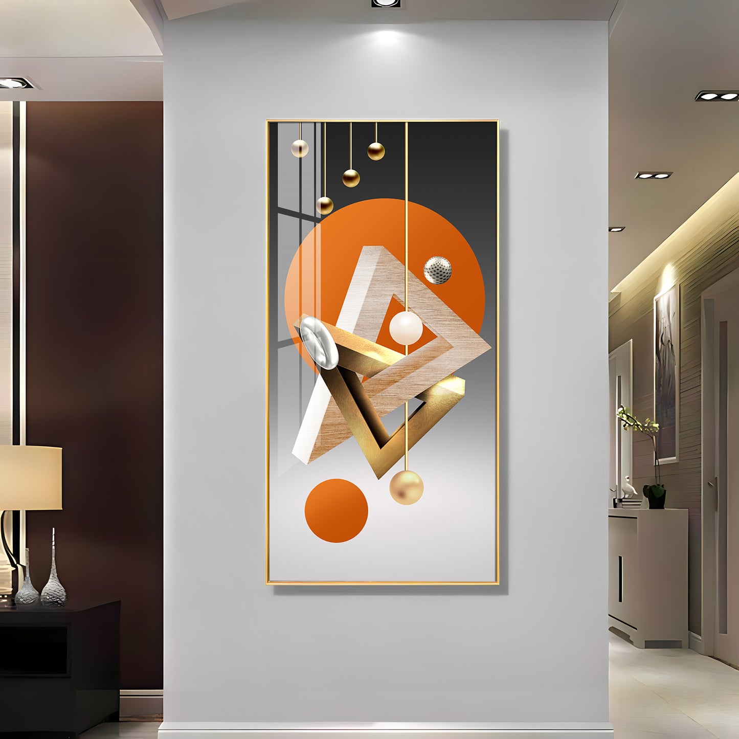 Triangular Geometry Glass Finish Vertical Wall Art