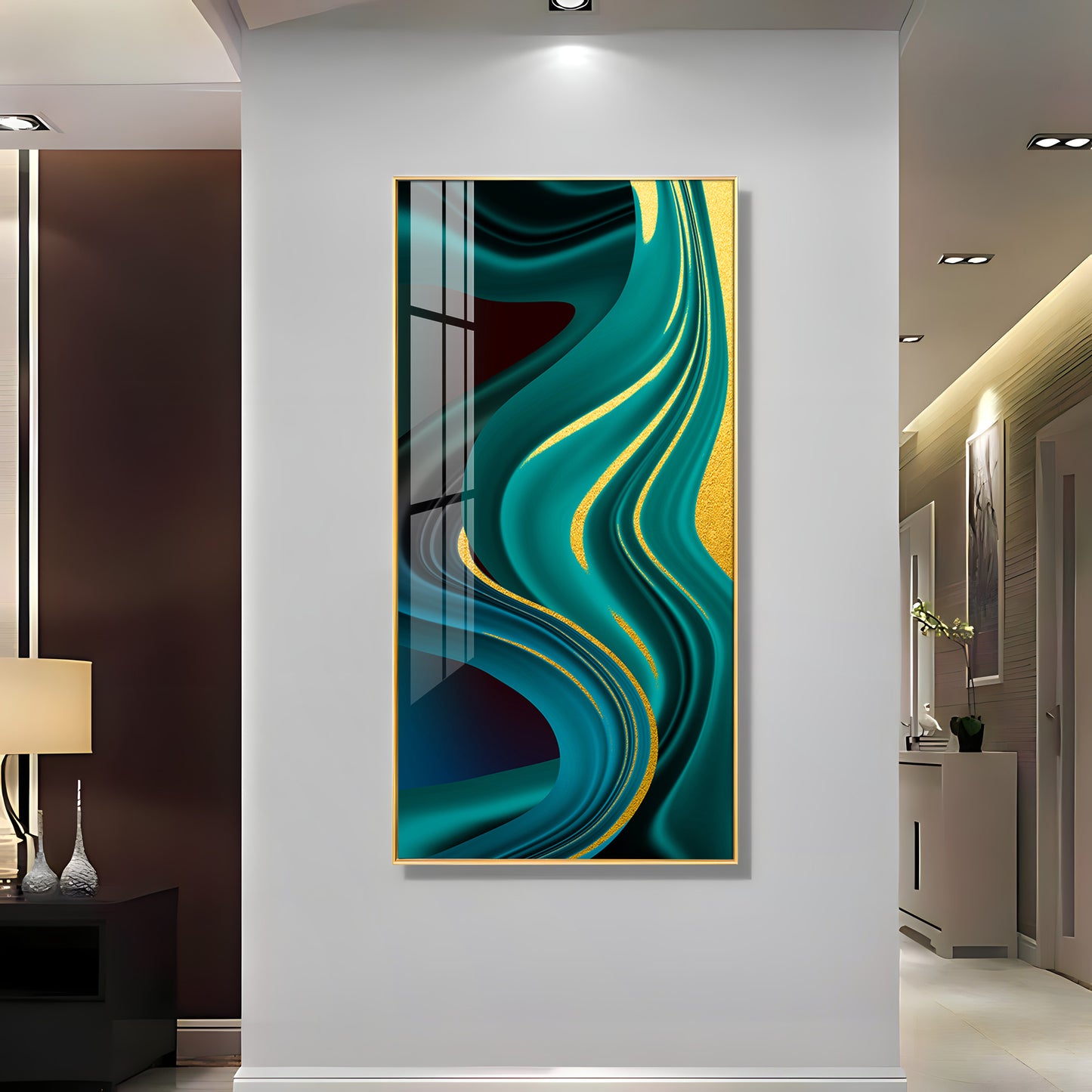 Green Abstract Art Glass Finish Vertical Wall Art