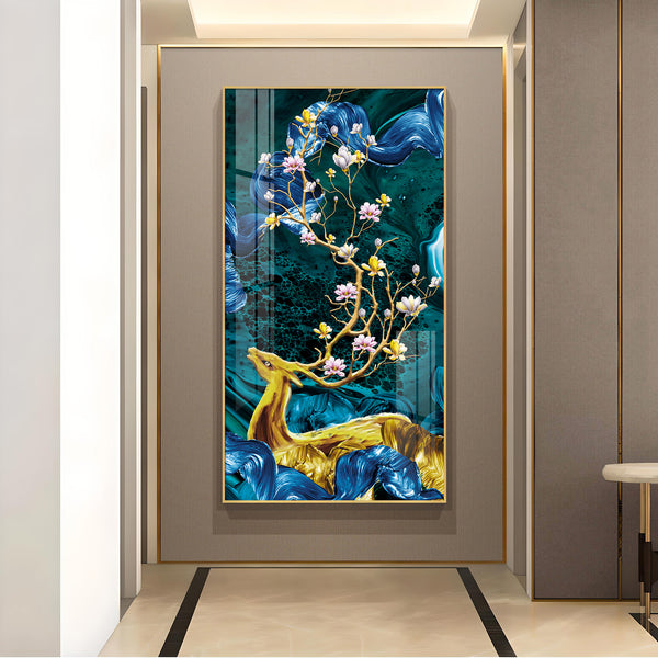 Deerβs Serenade Glass Finish Vertical Wall Art