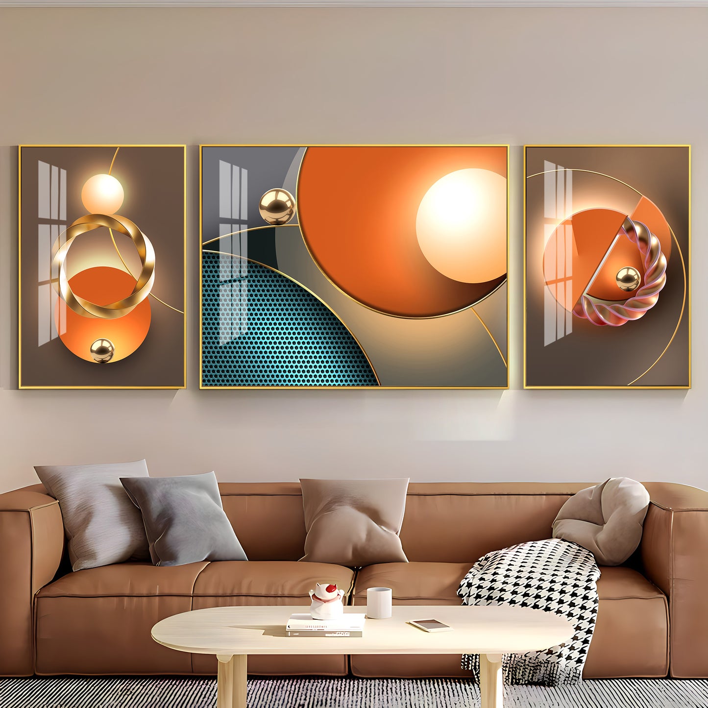 Goldern Circle Abstract Glass Finish Wall Art (Set Of 3)