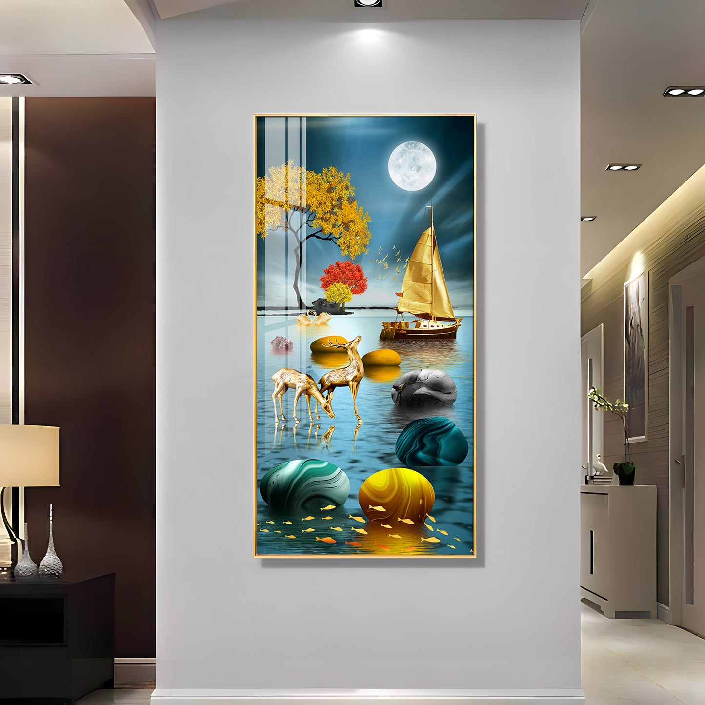 Boat and Deer Glass Finish Vertical Wall Art