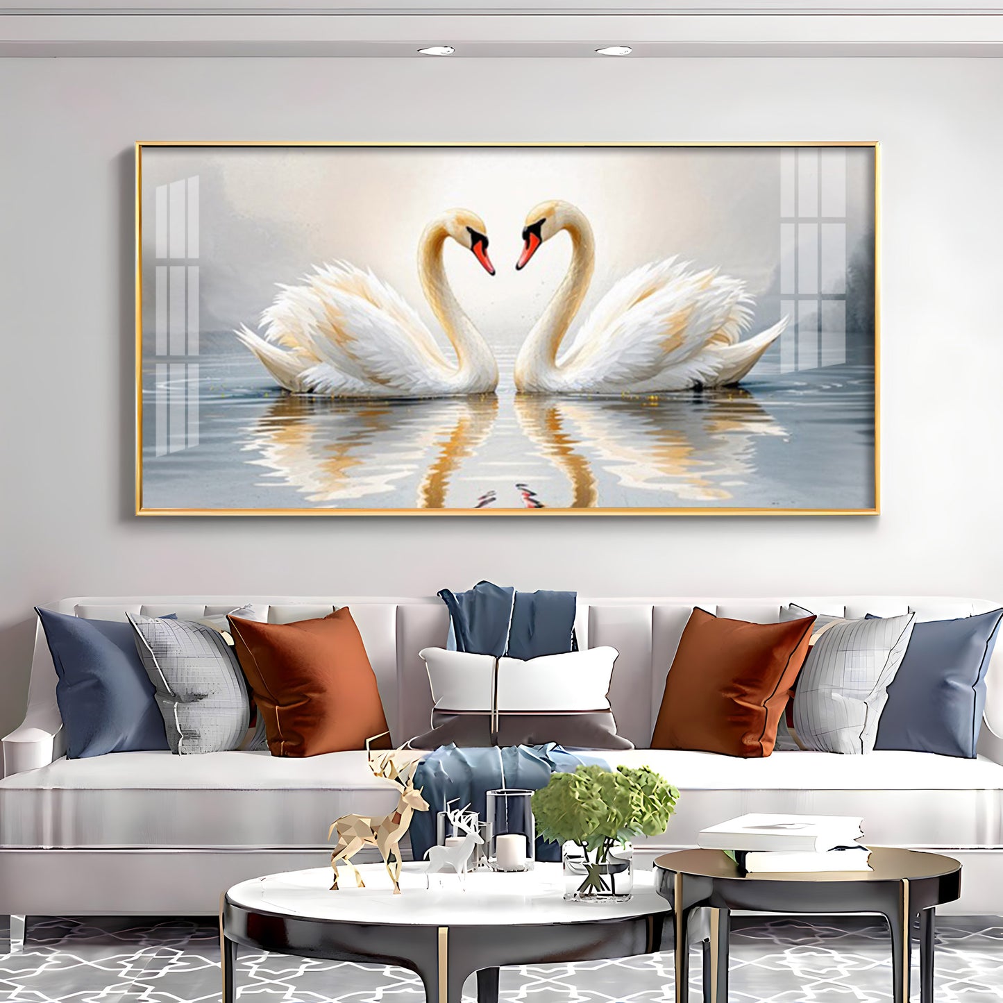 Two White Swan Glass Finish Horizontal Wall Art