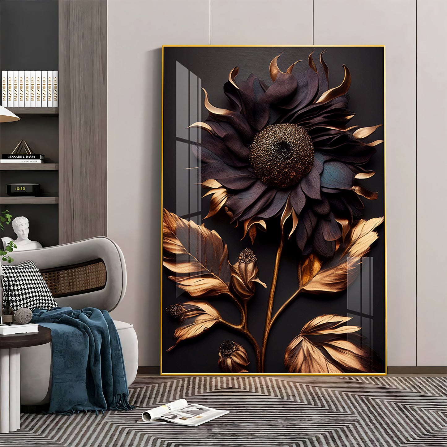 Golden Bloom Artistry Glass Finish Vertical Wall Art