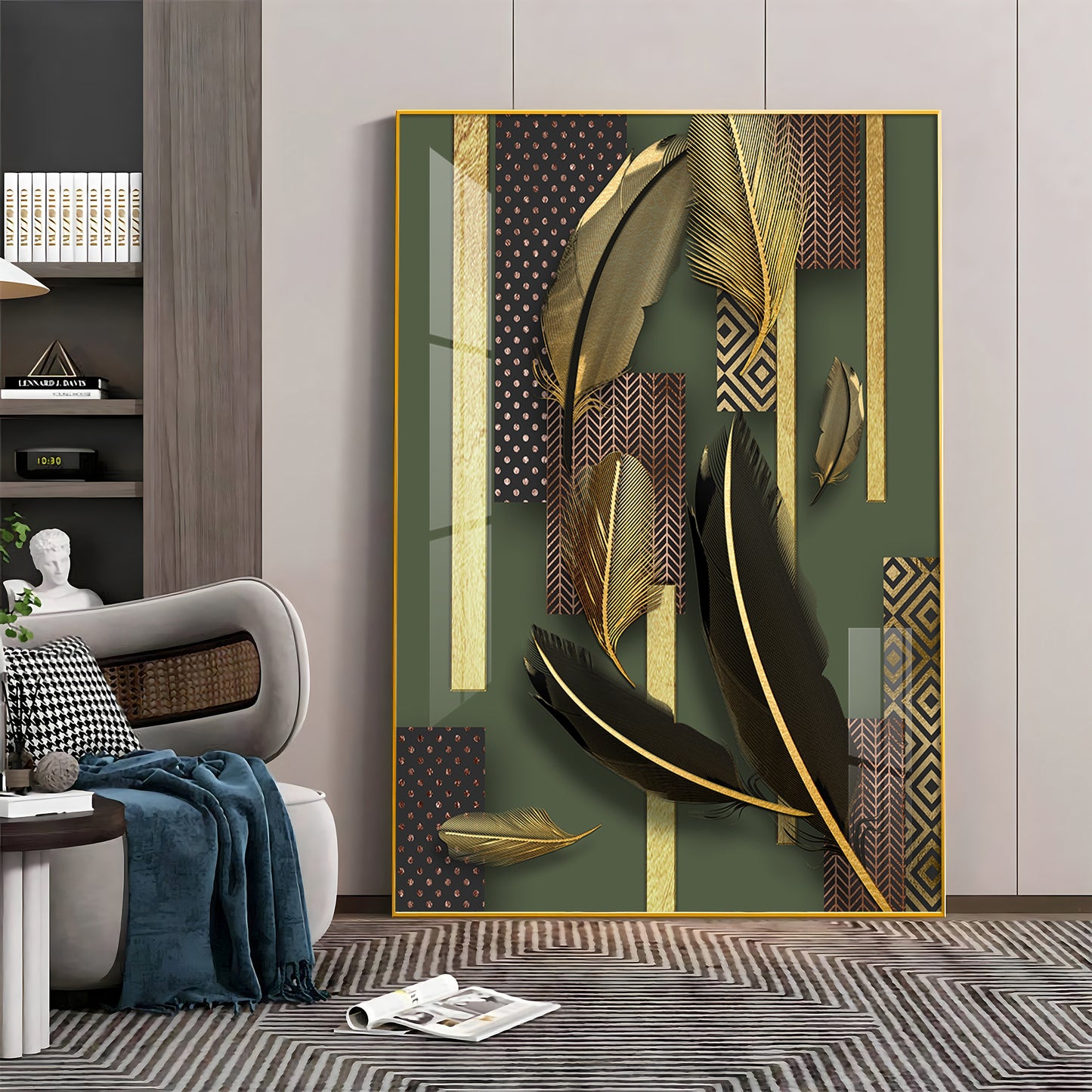 Golden Leaf Elegance Glass Finish Vertical Wall Art
