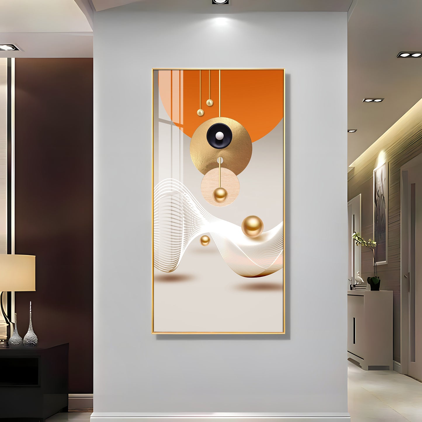Golden Circle Geometry Glass Finish Vertical Wall Art