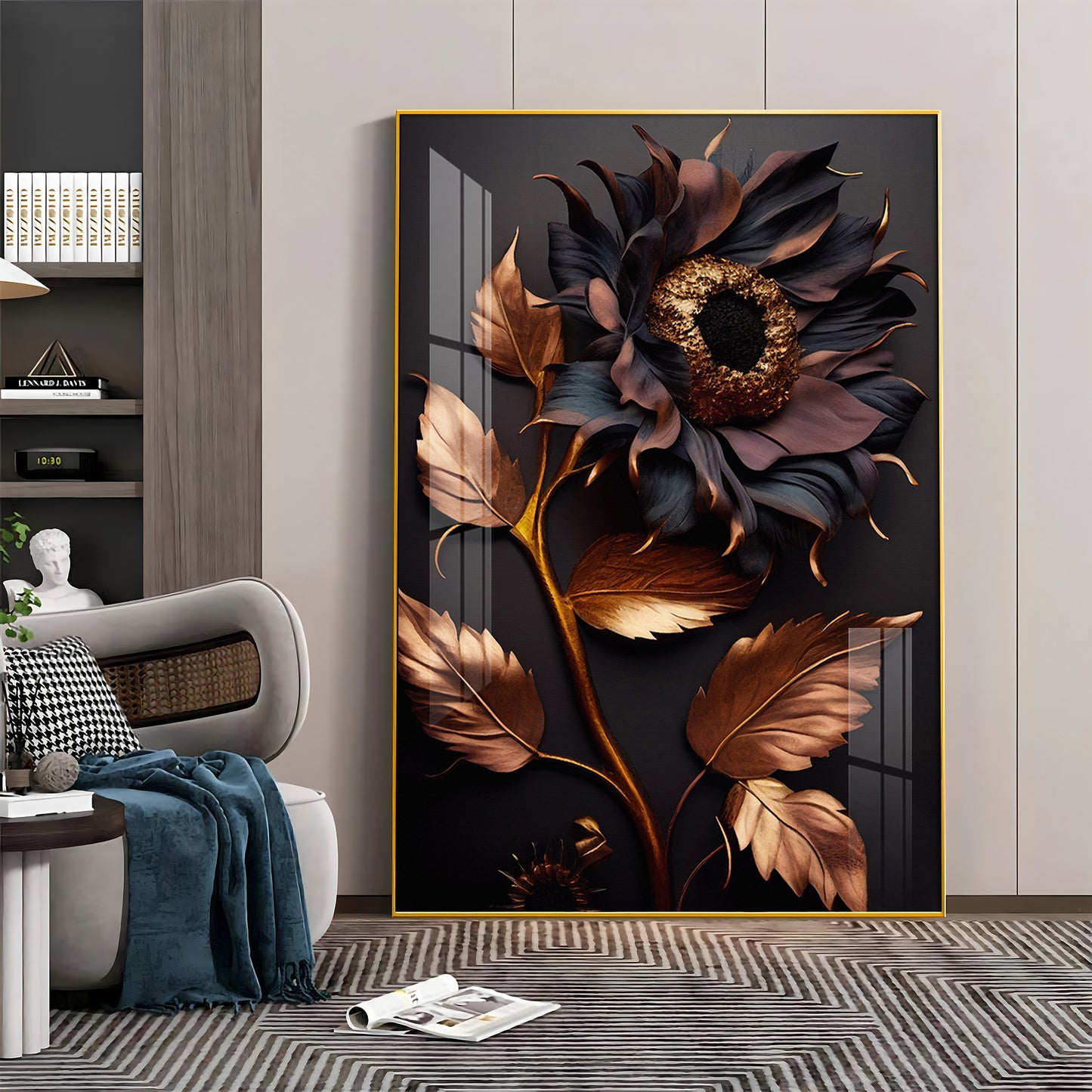 Midnight Sunflower Elegance Glass Finish Vertical Wall Art
