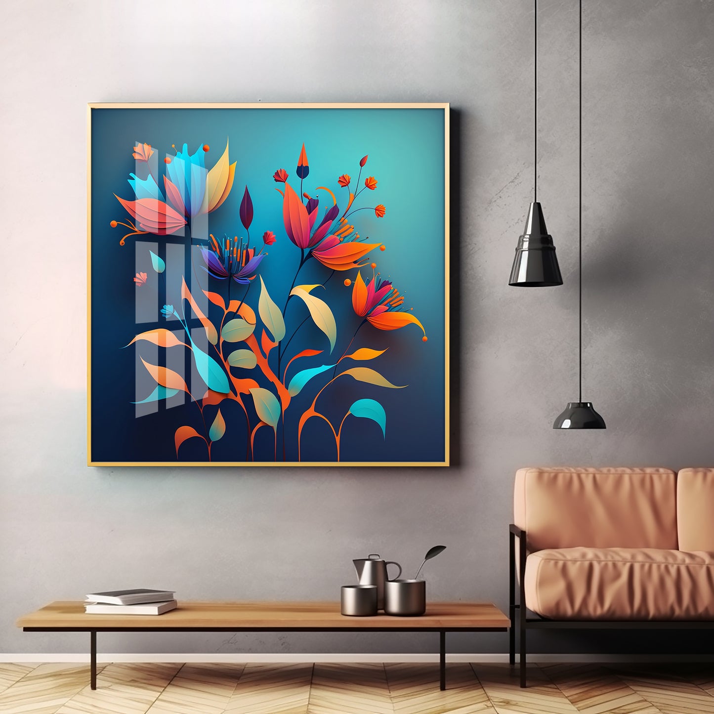 Shadowed Blooms Glass Finish Square Wall Art