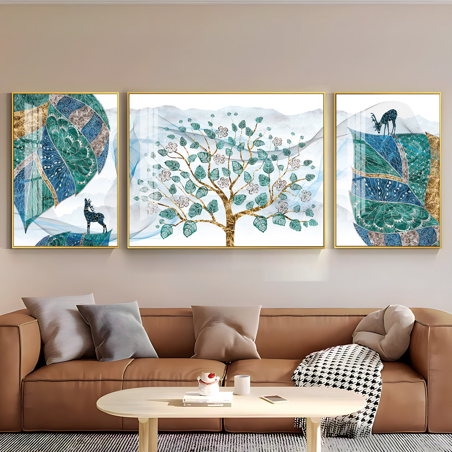 Deer & Tree Elegance Glass Finish Wall Art (Set Of 3)