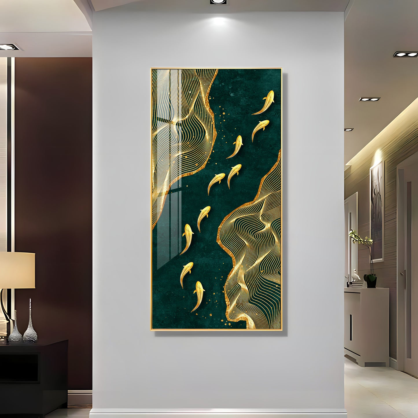 Oceanic Gold Fish Glass Finish Vertical Wall Art
