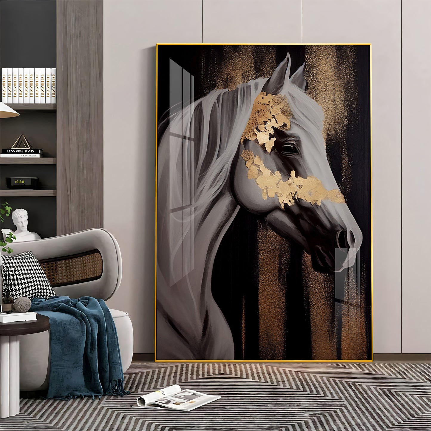 Whispers of Gold Horse Glass Finish Vertical Wall Art
