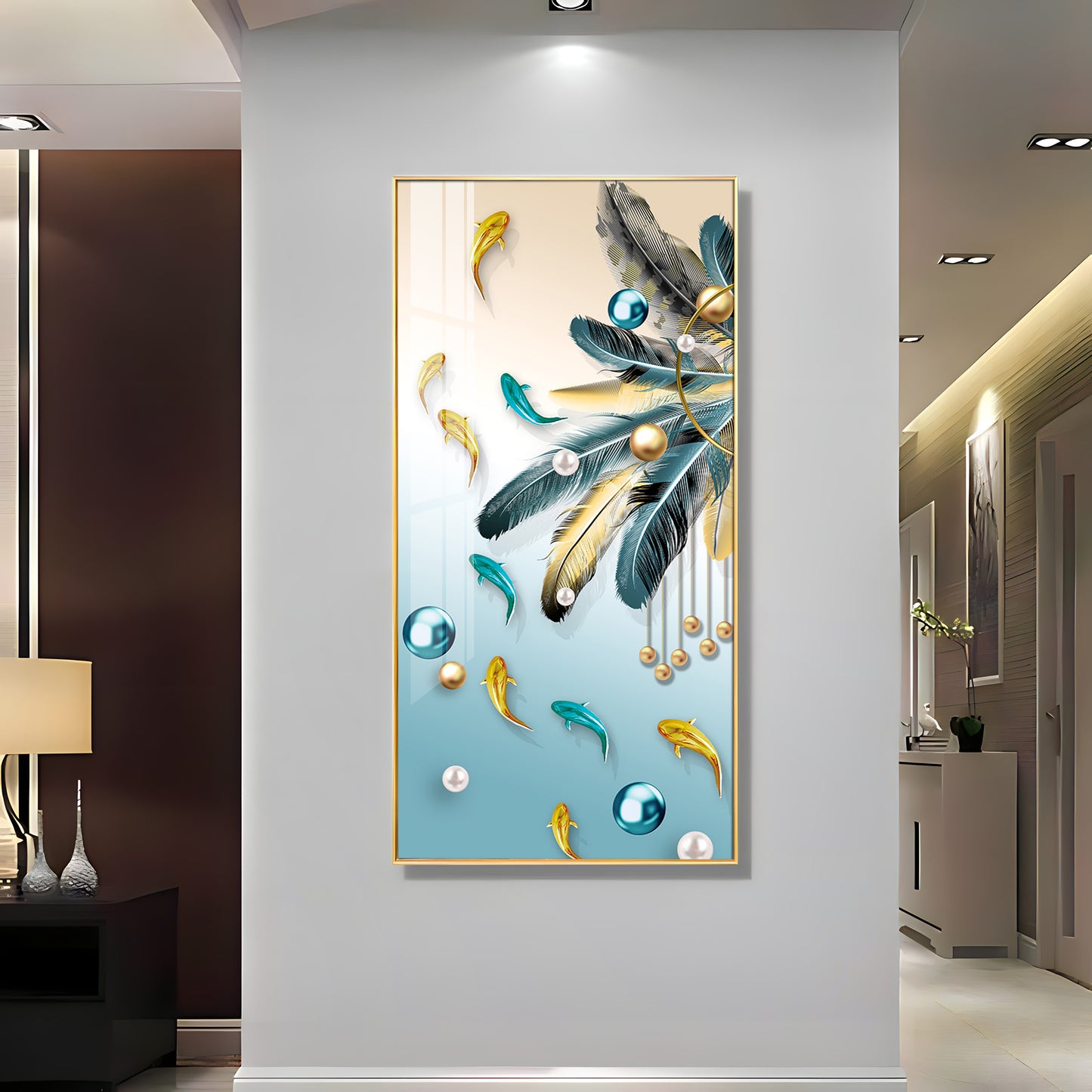 Majestic Blue-Gold Bird Glass Finish Vertical Wall Art